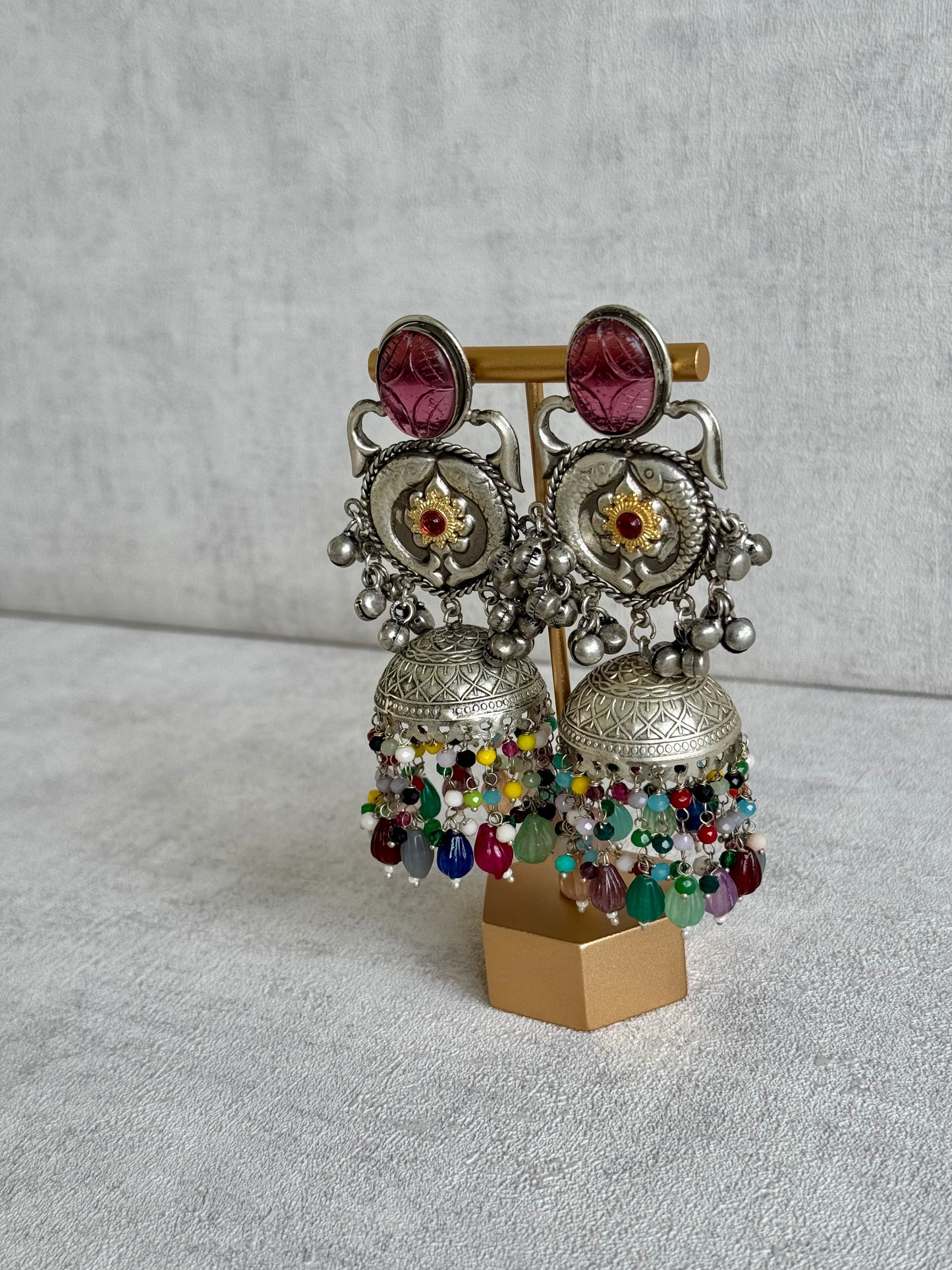 Ayura Designs Meera Earrings – Antique Silver with Multicolour Beads & Carved Glass Stone
