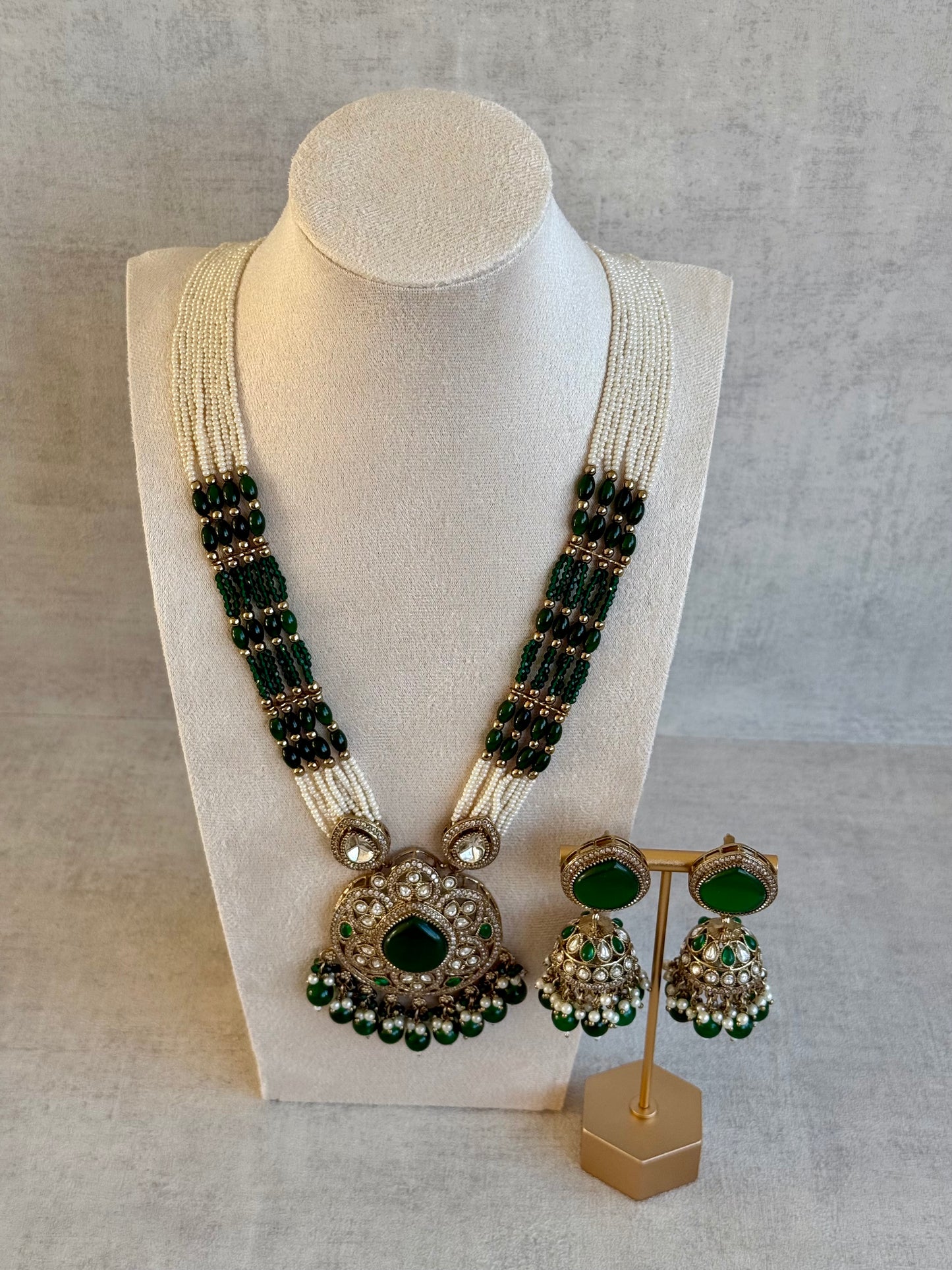 Ayura Designs Brielle Set – Necklace & Jhumkis with Mirror-Cut Stones, Emerald Green & Ivory Beads