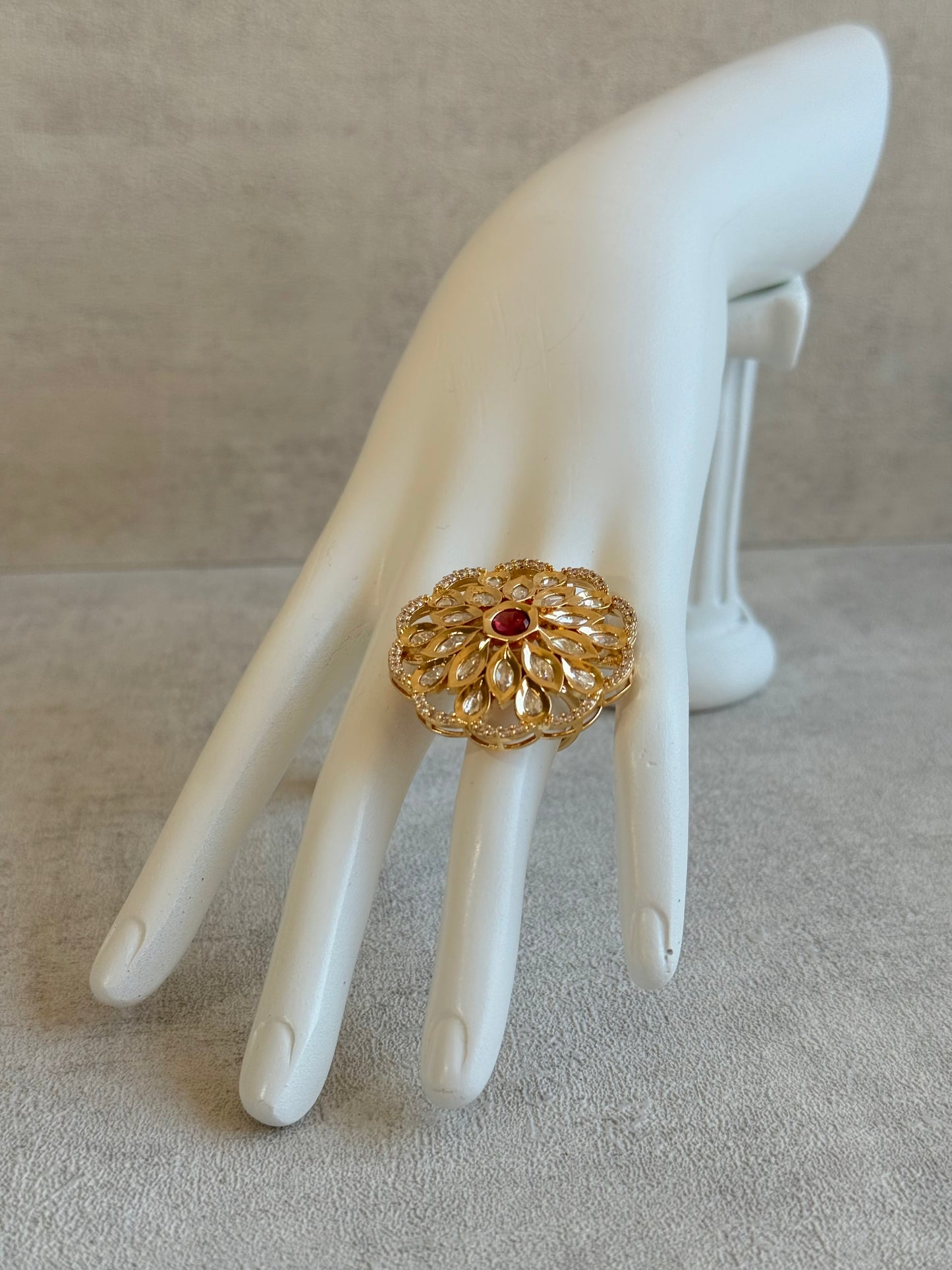 Ayura Designs Elisa Adjustable Ring – Moissanite Floral Ring with Rani Pink Centre & Crystal Border