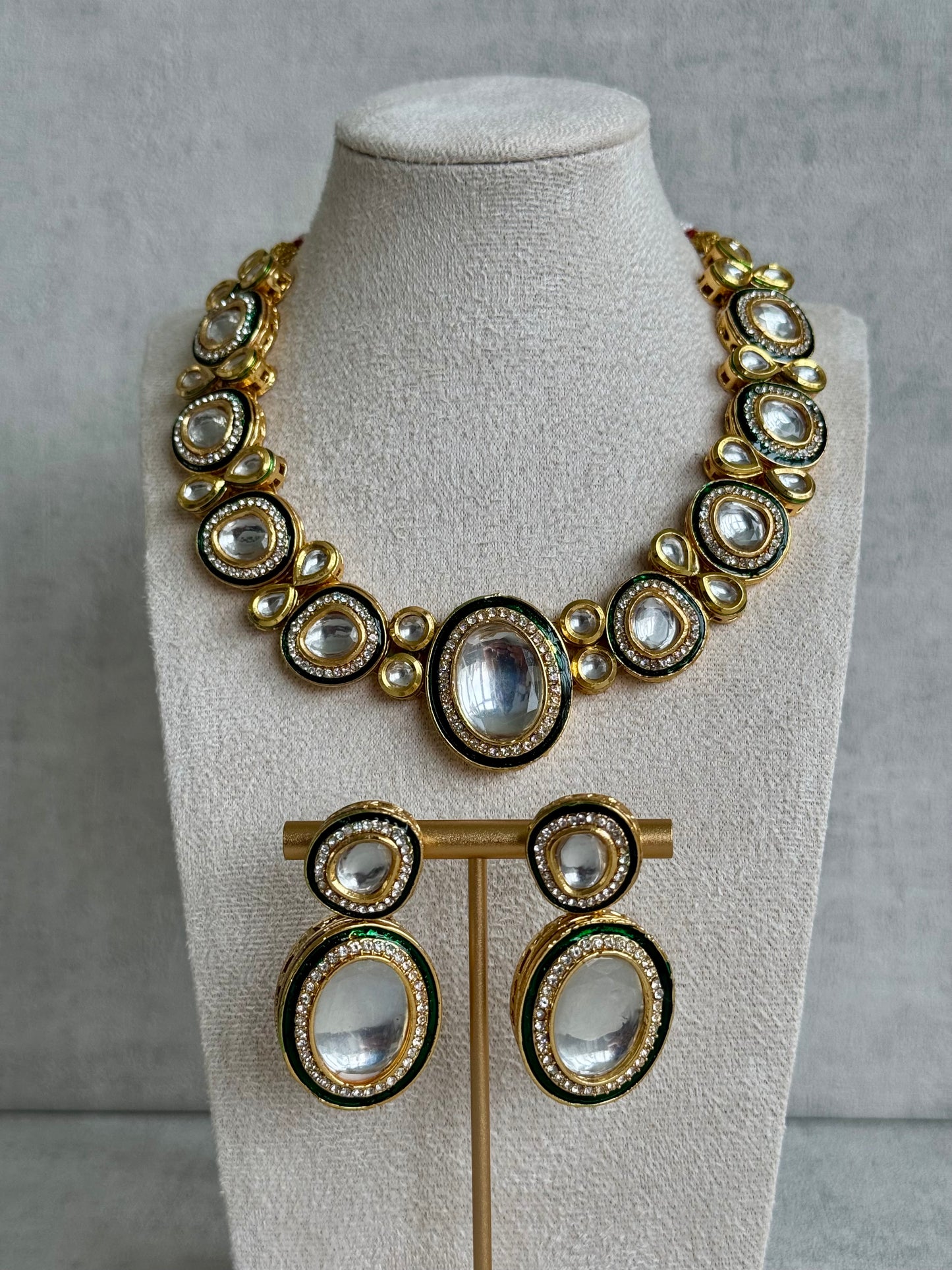 Ayura Designs Sahiba Set – Gold and Emerald Green Kundan Necklace with Oversized Oval Stones and Matching Drop Earrings