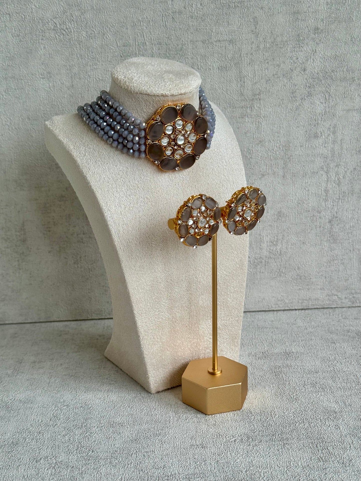 Ayura Designs Yasmin Kundan Choker Set with Studs – Dove Grey Beads & Mirror-Cut Stones