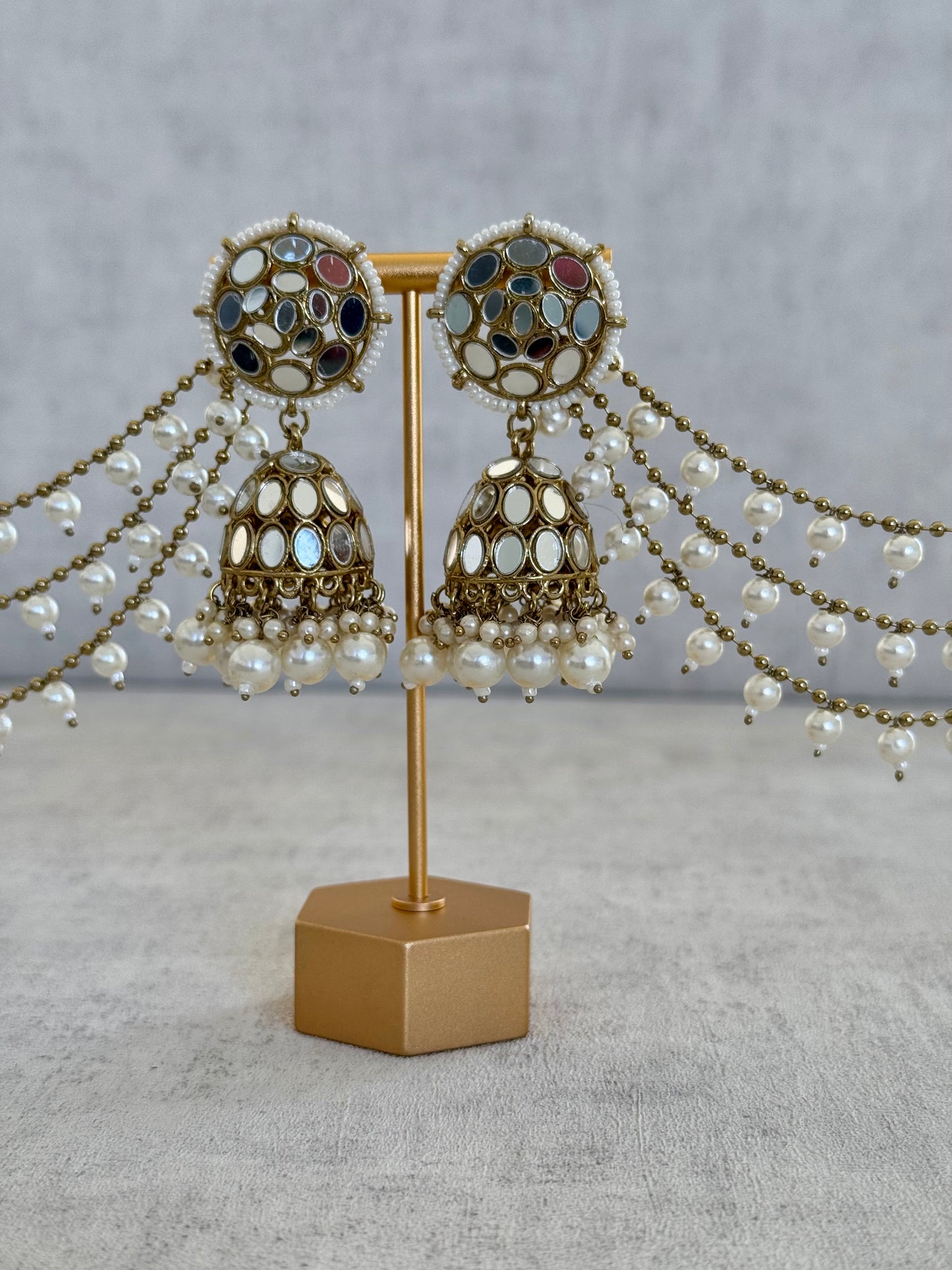 Ayura Designs Aaina Jhumkis with Sahare – Antique Gold Mirror Work & Pearl Earrings
