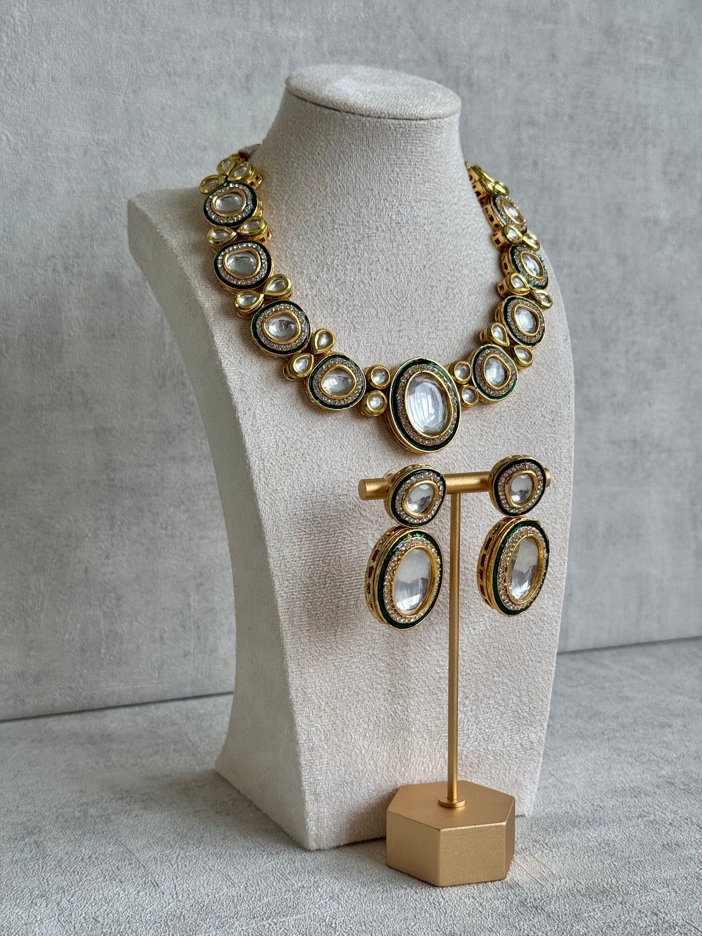 Ayura Designs Sahiba Set – Gold and Emerald Green Kundan Necklace with Oversized Oval Stones and Matching Drop Earrings