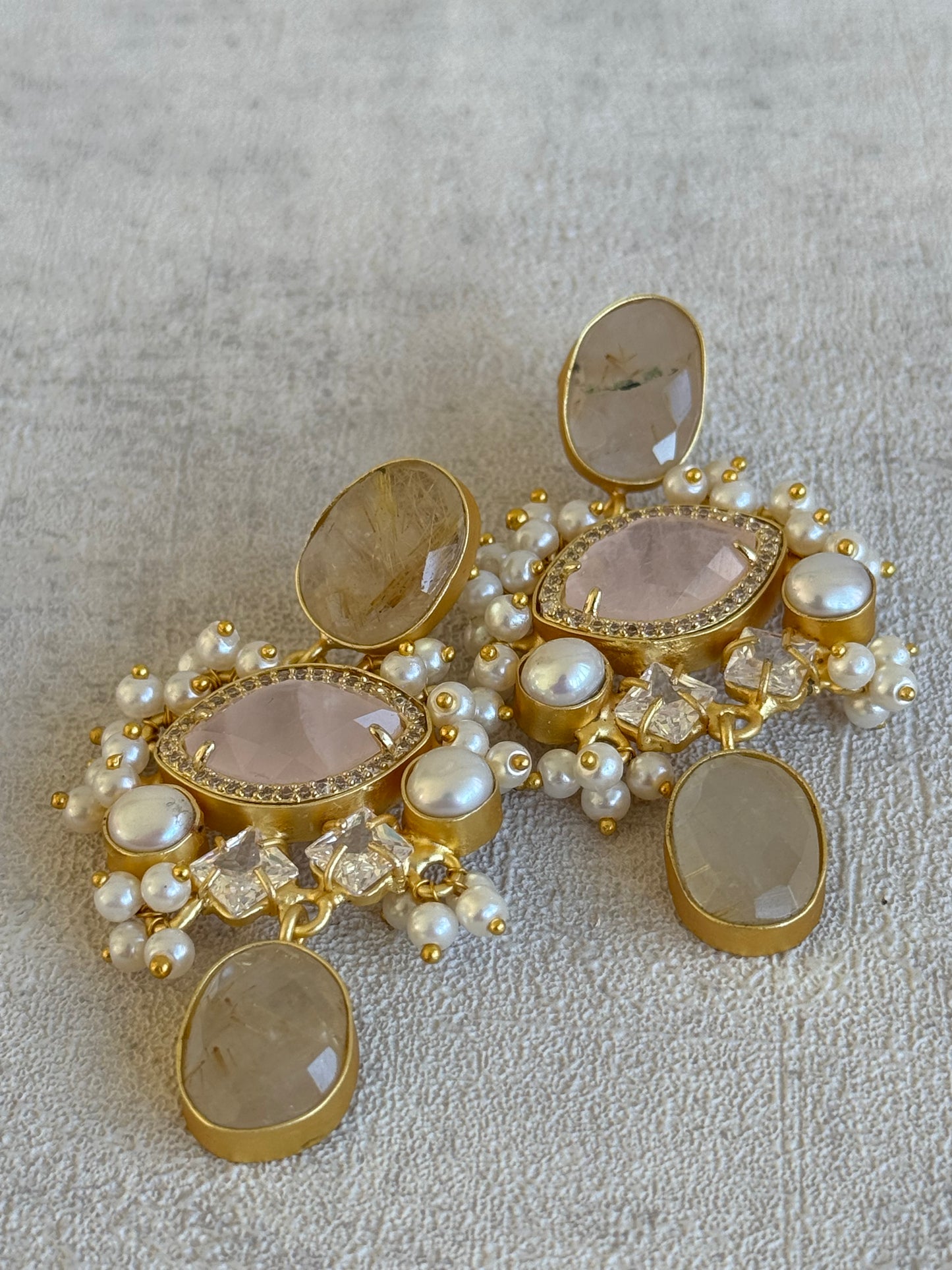 Ayura Designs Aurelia Earrings – Rutilated Quartz, Rose Quartz, Pearls & Crystals