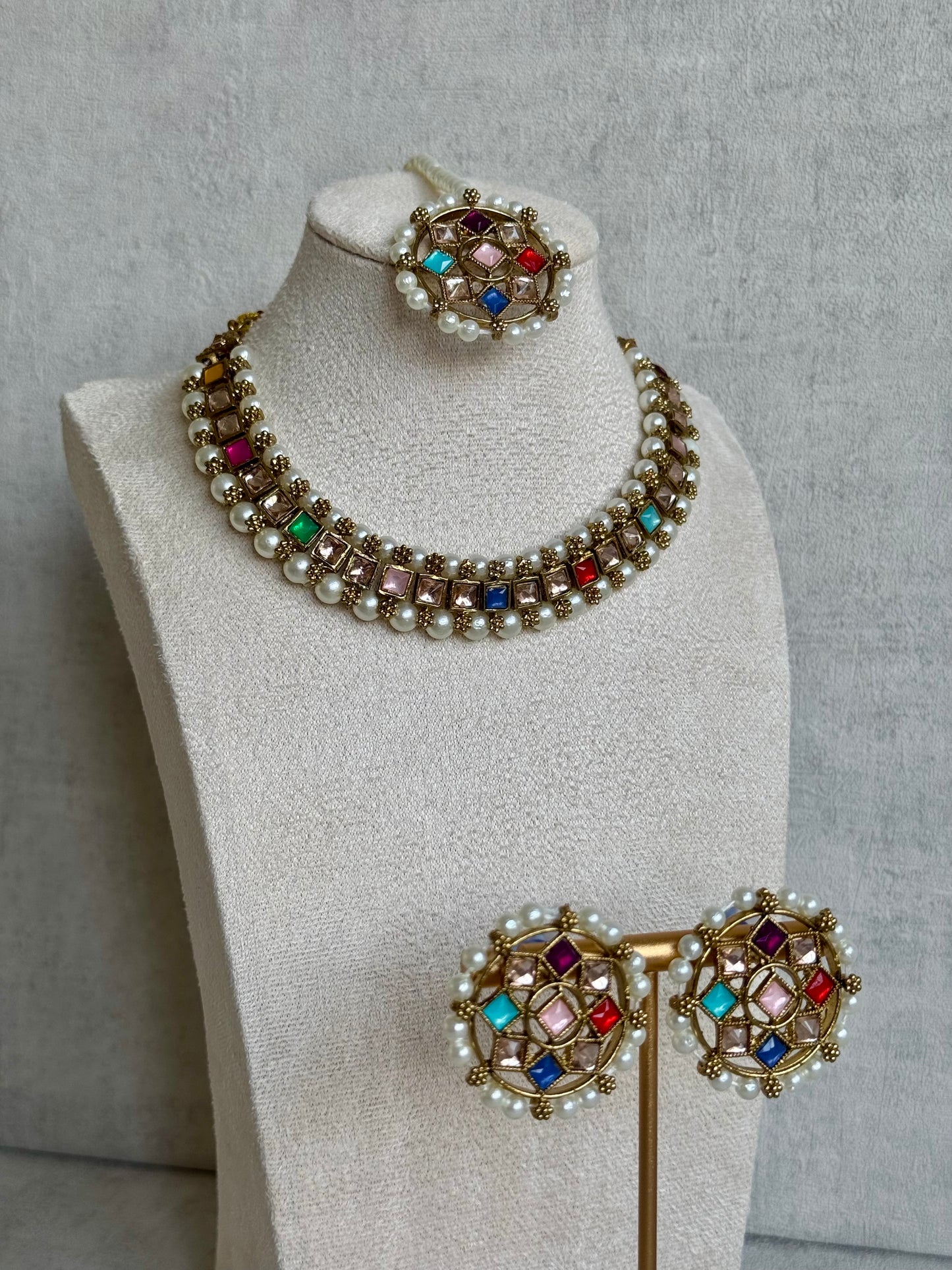 Ayura Designs Huda Set with Studs & Tikka – Multicolour Mirror-Cut Stones with Pearl Detailing