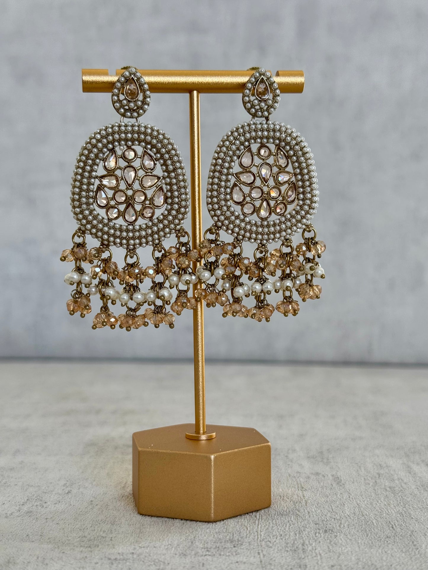Ayura Designs Geela Earrings – Pearl & Champagne Kundan Statement Earrings