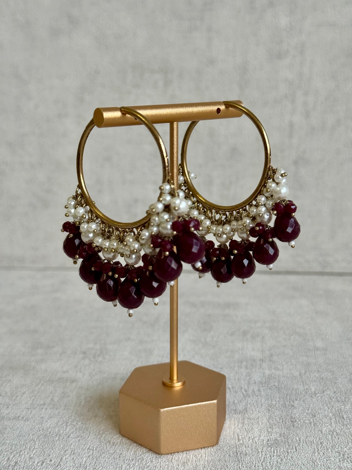 Ayura Designs Jhanak Balis – Pearl Hoops with Wine-Coloured Beads