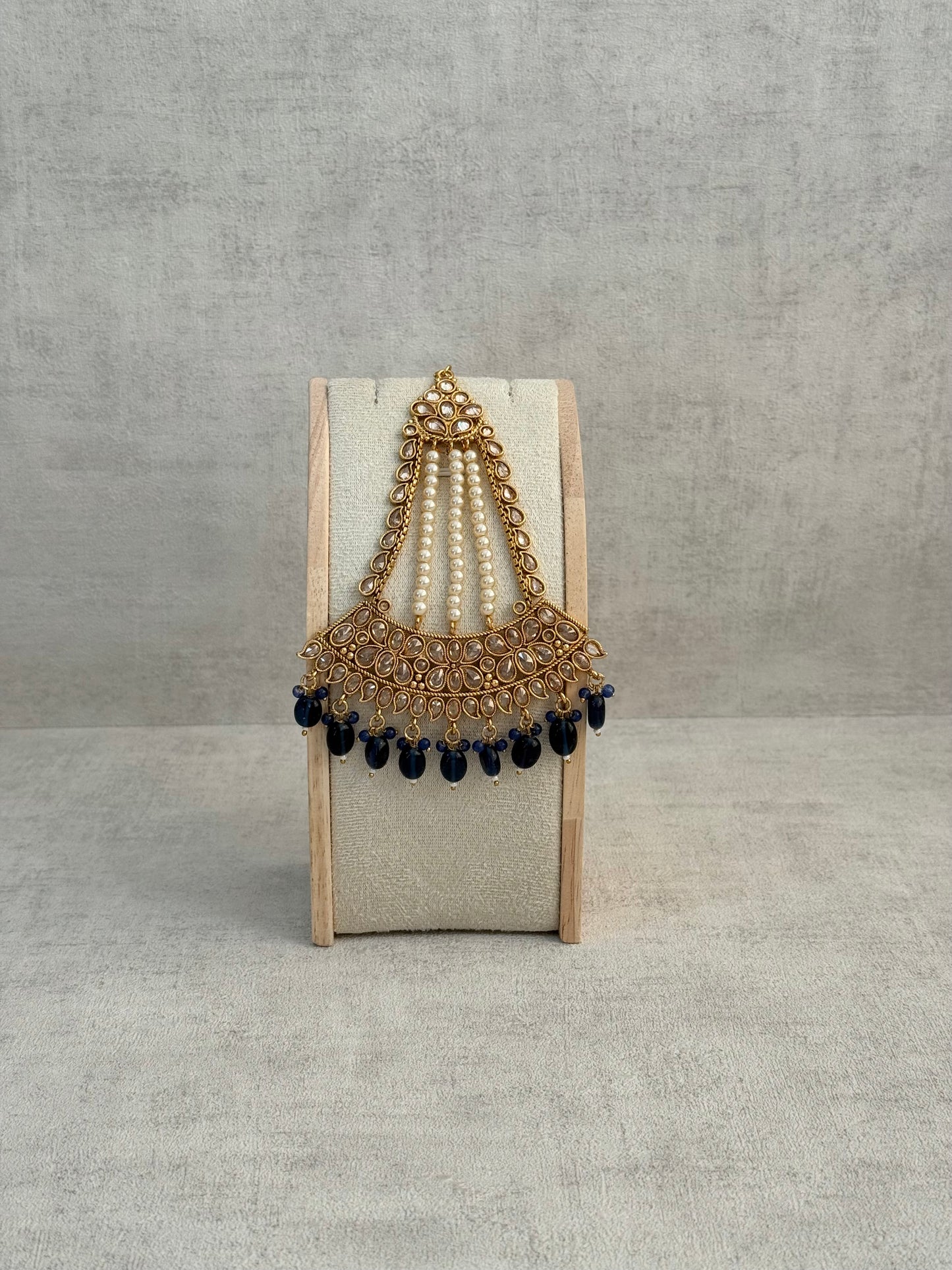 Ayura Designs Ramzi Jhoomar Passa – Antique Gold with Kundan Detailing, Pearl Strands & Ink Blue Drops