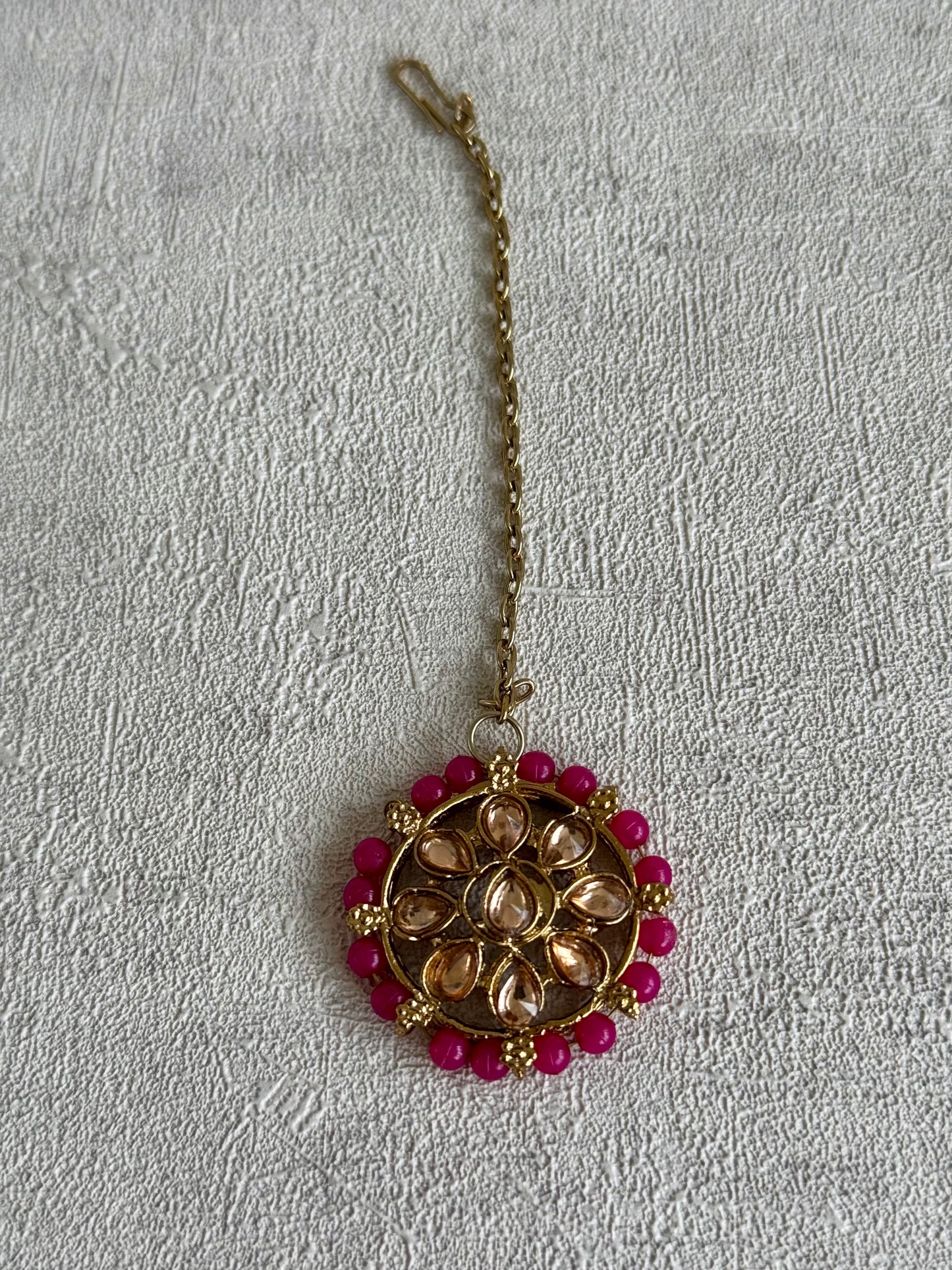 Ayura Designs Hala Set with Tikka & Studs – Magenta Beads & Champagne Kundan