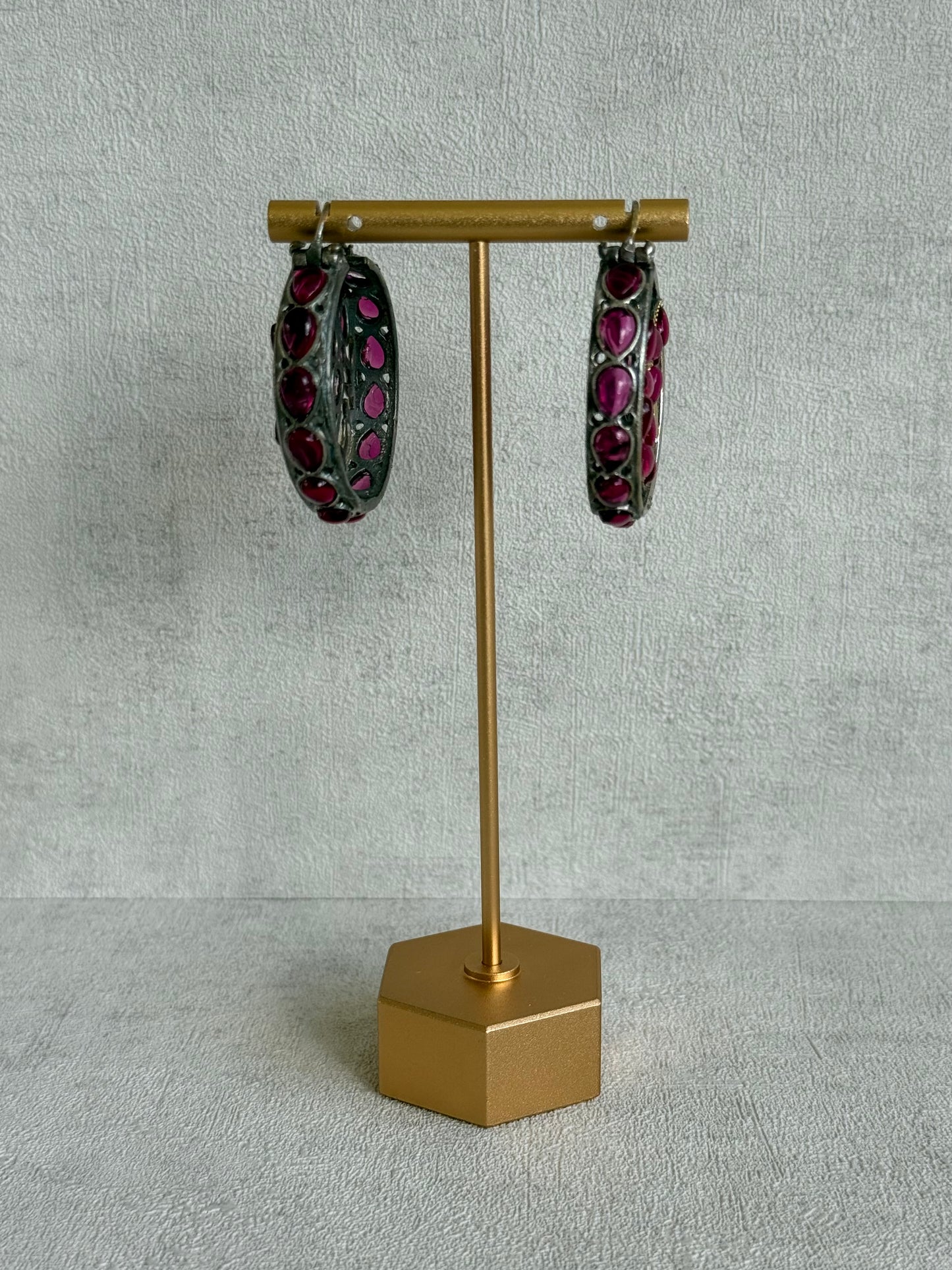 Ayura Designs Nureh Earrings – Dual Tone Floral Hoop Earrings with Ruby Pink Stones & Cutwork Detailing
