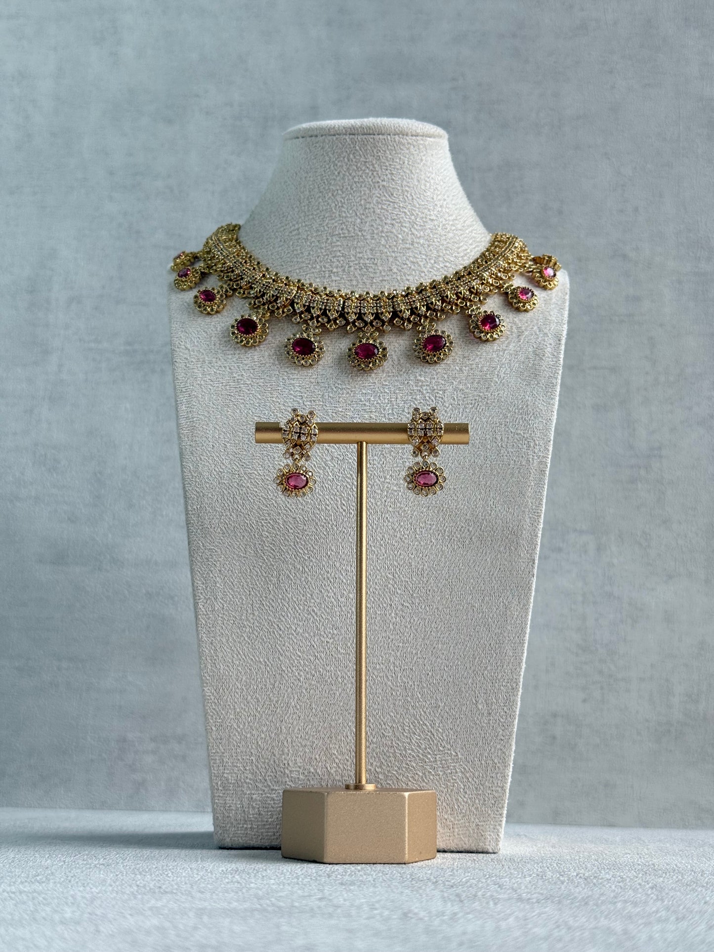 Ayura Designs Elisha Necklace Set with Earrings – Rani Pink & Crystal Stone Detailing