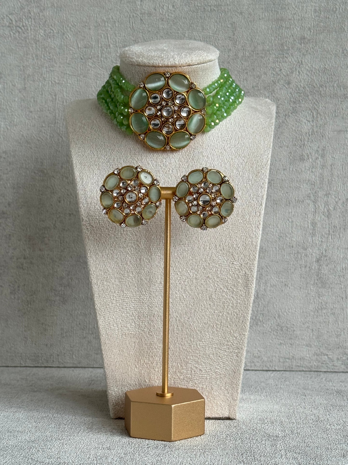 Ayura Designs Yasmin Kundan Choker Set with Studs – Leaf Green Beads & Mirror-Cut Stones