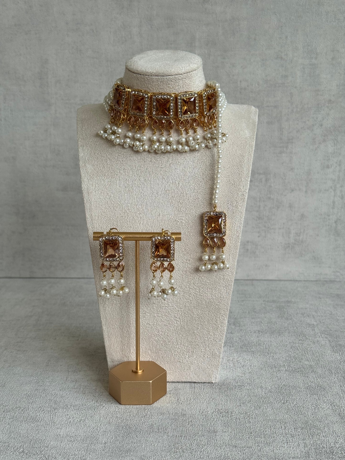 Ayura Designs Naghma Choker Set with Earrings & Tikka – Champagne Stones, Pearl Detailing & Antique Gold Finish