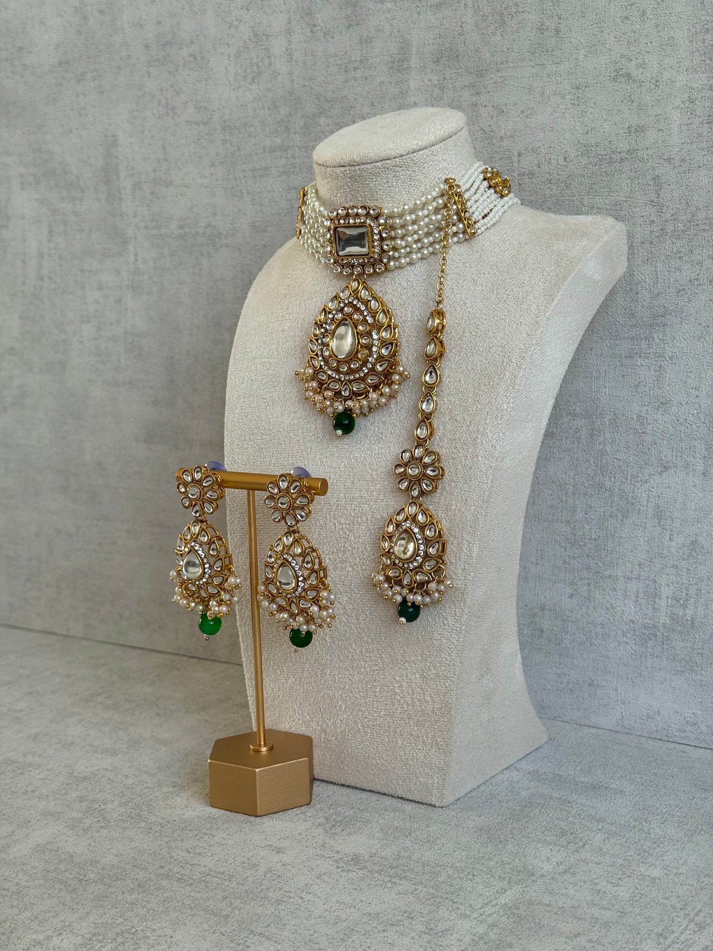 Ayura Designs Nargis Choker Set with Tikka & Earrings – Emerald Green Stones, Mirror-Cut Kundan & Pearl Detailing