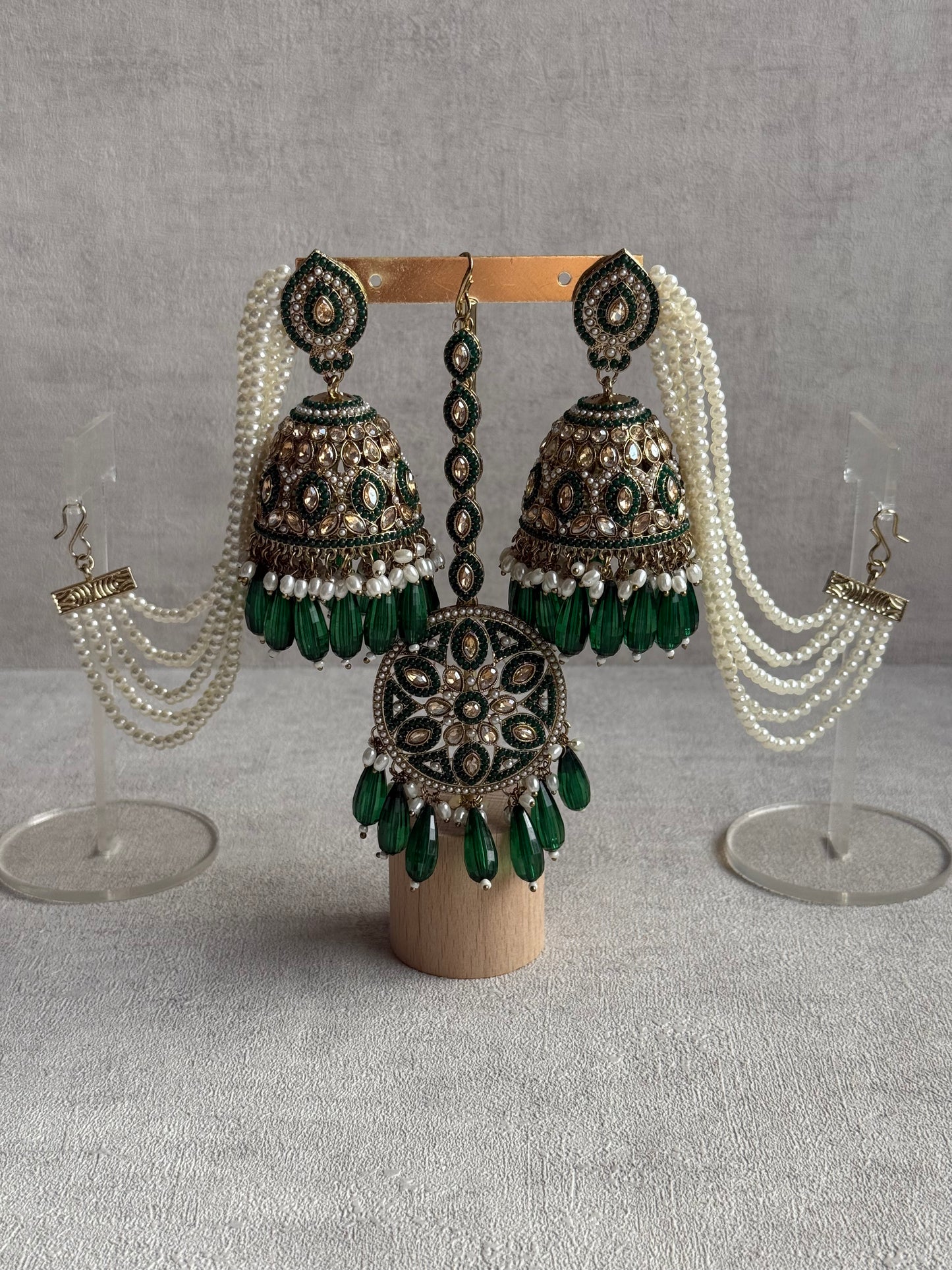 Ayura Designs Amrita Set – Jhumkis with Sahare & Tikka in Emerald Green Beads, Pearls and Antique Gold Finish