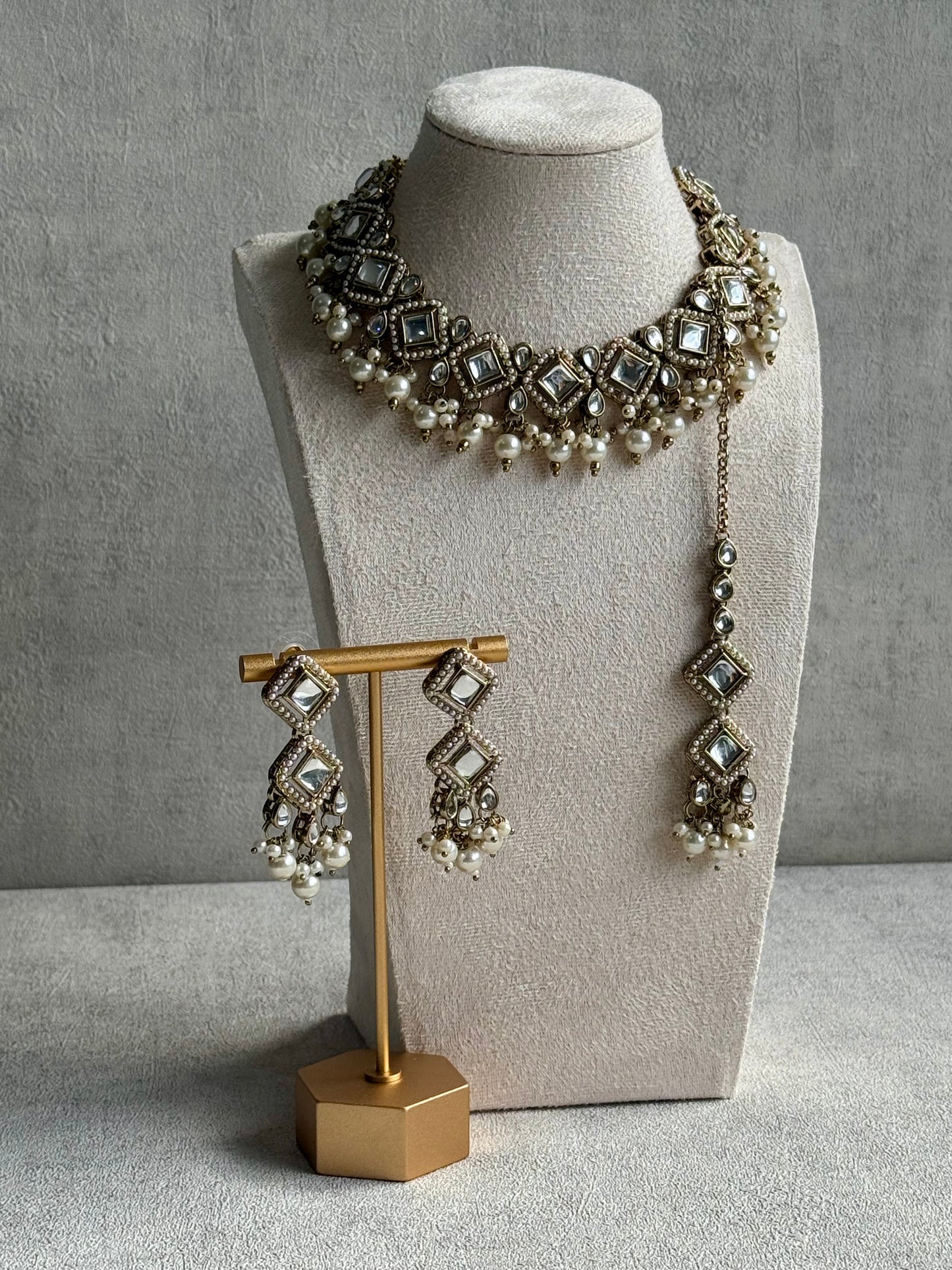 Ayura Designs Talia Set with Earrings & Tikka – Champagne Gold, Kundan & Pearls
