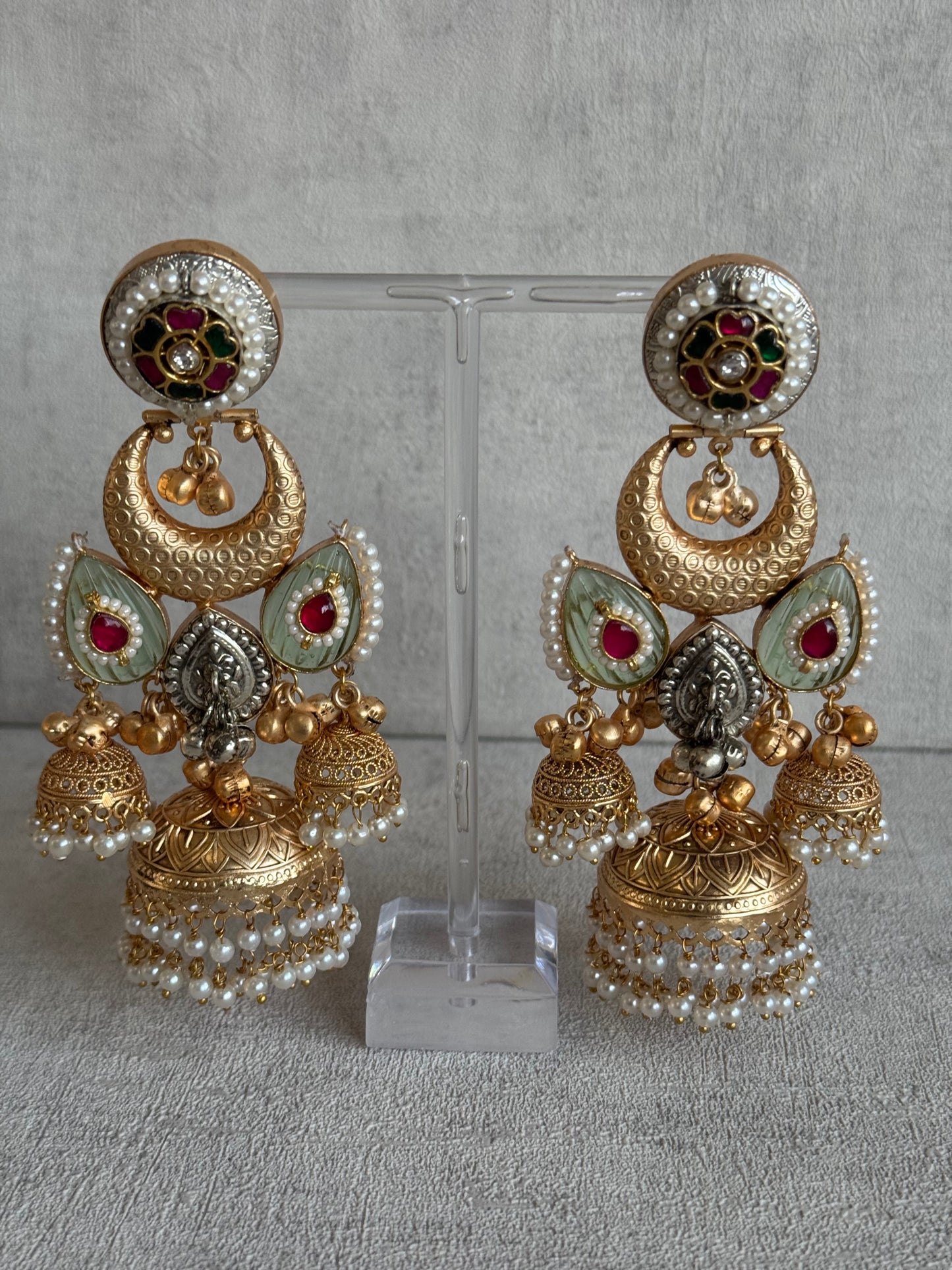 Ayura Designs Wajiha Earrings – Antique Gold Chandbalis with Meenakari Studs, Crescent Drops, Mint Enamel Petals & Layered Pearl Jhumkas