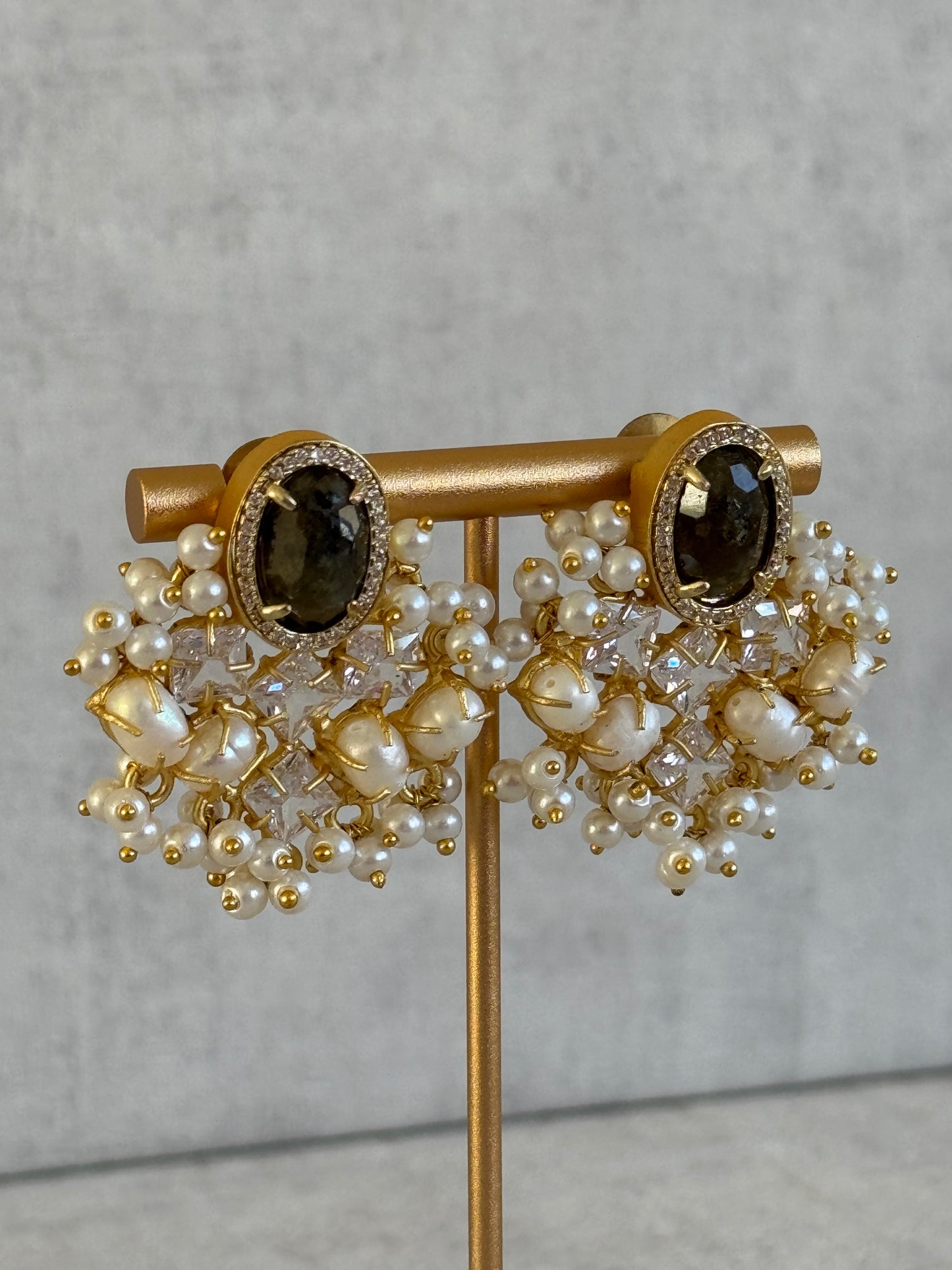 Ayura Designs Celeste Earrings – Dark Quartz, Baroque Pearls & Crystals