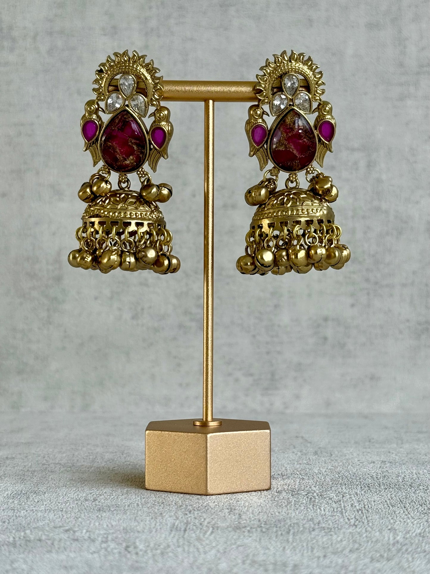 Ayura Designs Avleen Earrings – Berry Pink Marble with Antique Gold Finish & Kundan Detailing