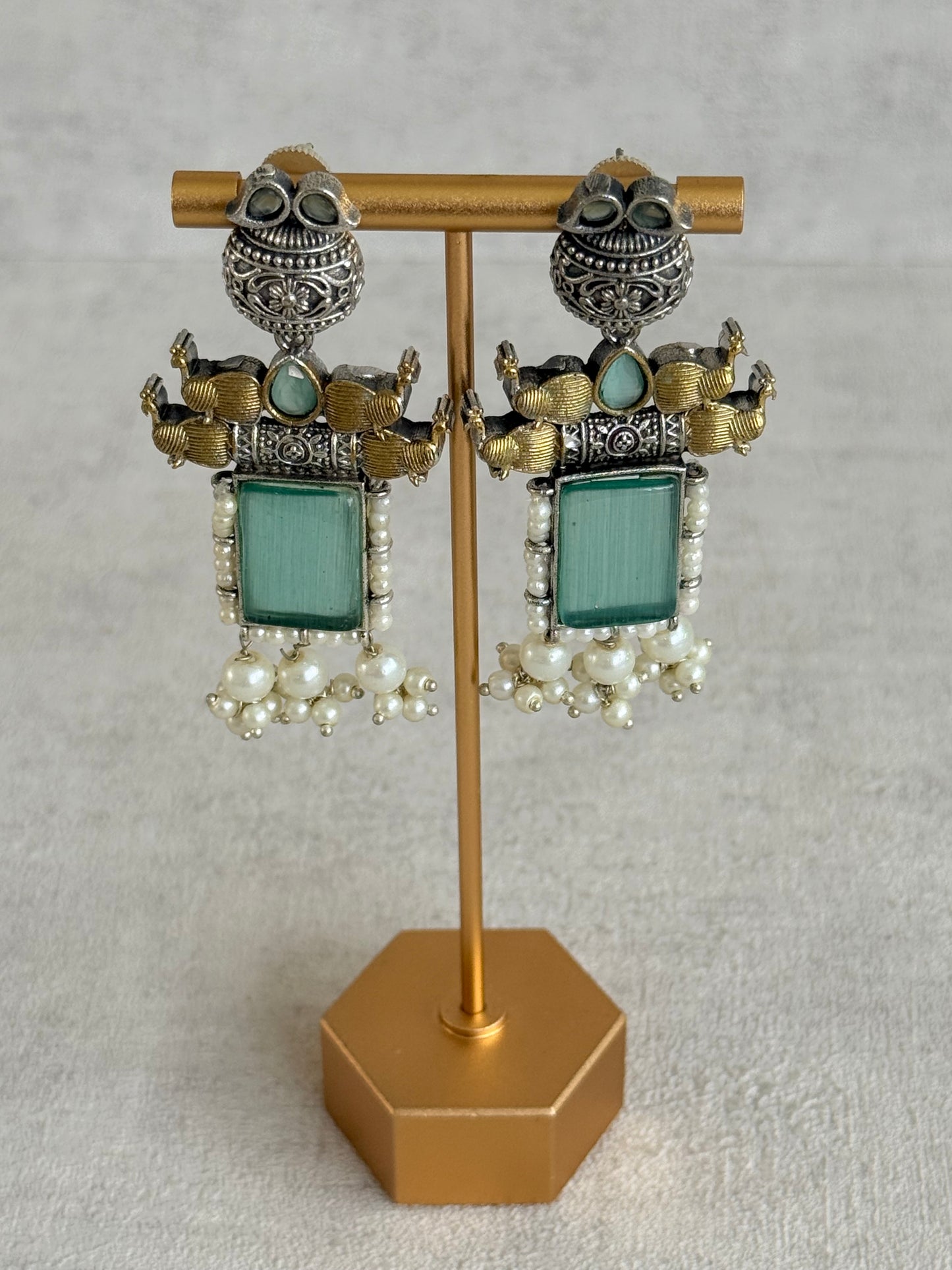 Ayura Designs Khaak Earrings – Oxidised Statement Earrings with Peacock Motifs, Aqua Green Stones & Pearl Clusters