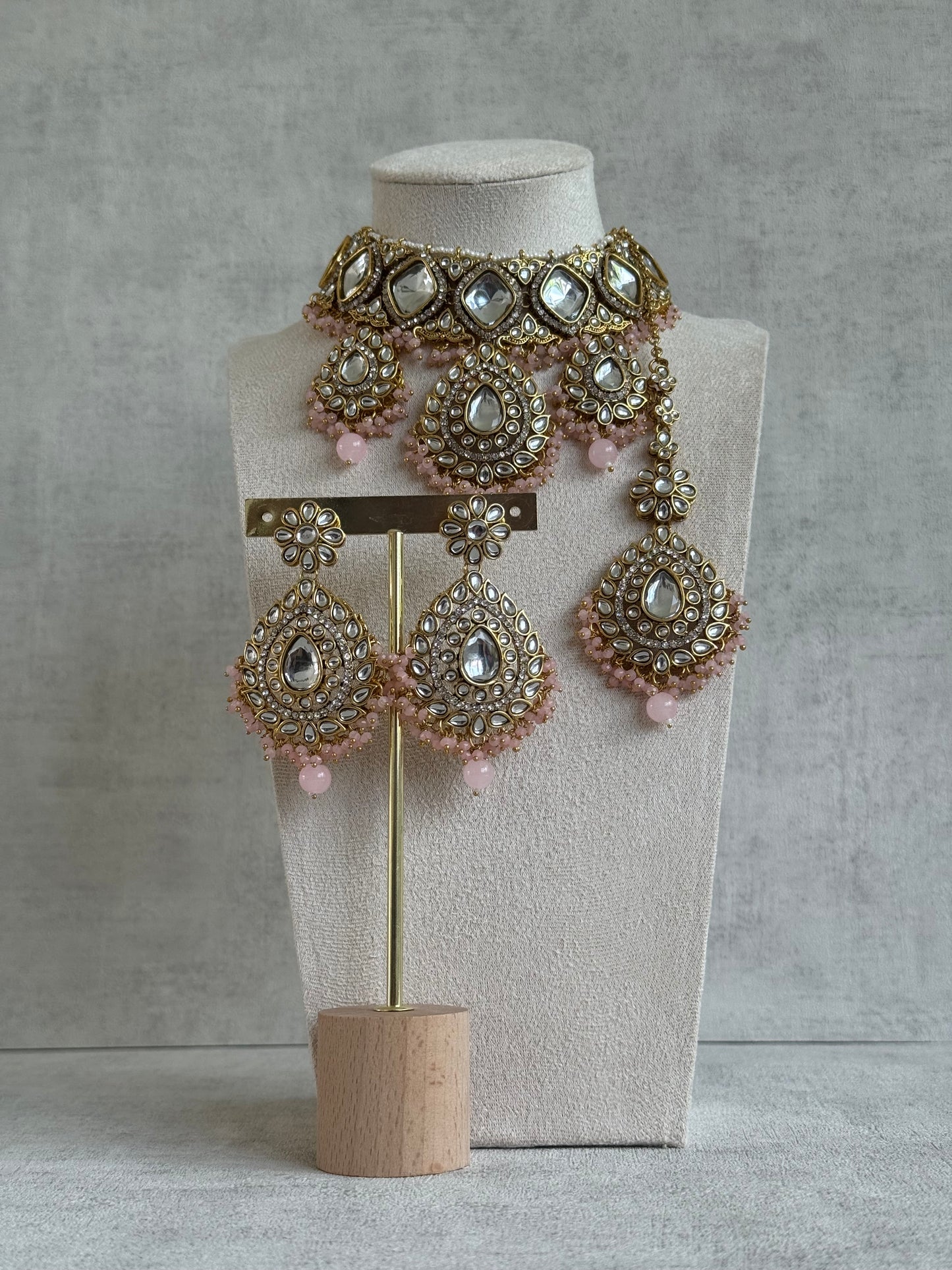 Ayura Designs Kirpa Choker Set with Earrings & Tikka – Mirror-Cut Stones & Blush Pink Beads
