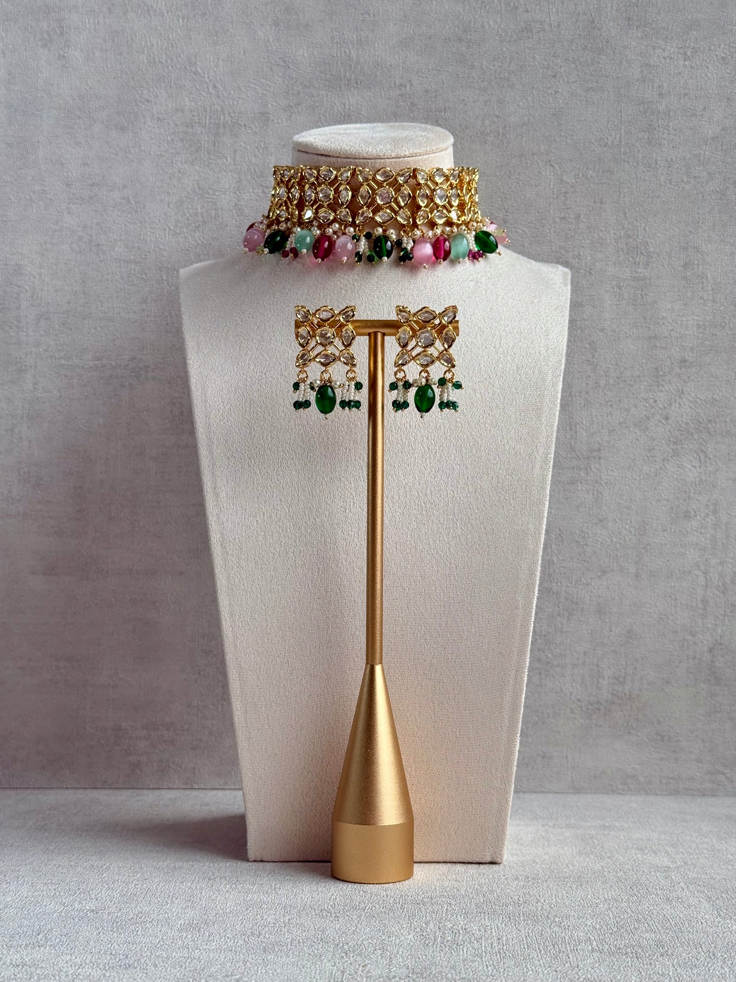 Ayura Designs Navya Choker Set with Earrings – Gold Finish with Moissanite Stones, Lattice Design, Emerald Beads & Pearl Detailing