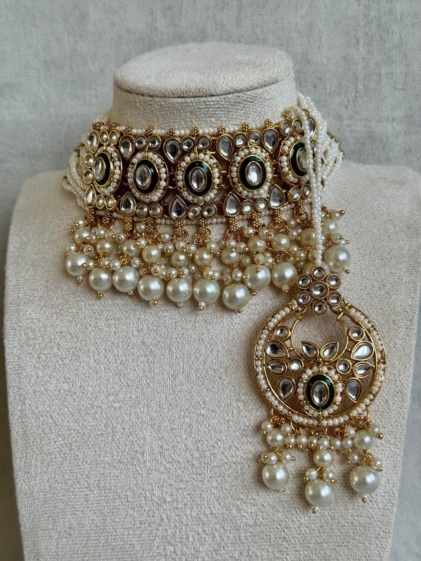 Ayura Designs Janaan Choker Set with Earrings & Tikka – Antique Gold, Kundan & Pearl with Regal Floral Motifs