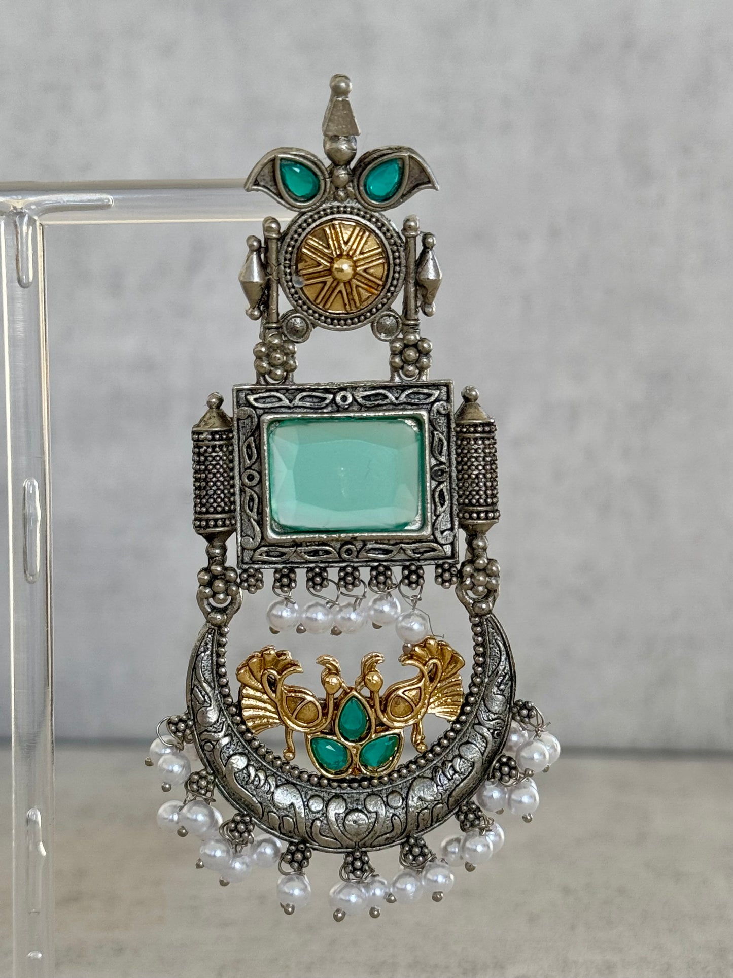 Ayura Designs Fasha Earrings – Oxidized Silver & Gold Dual-Tone Earrings with Aqua Stones, Emerald Accents and Pearl Drops
