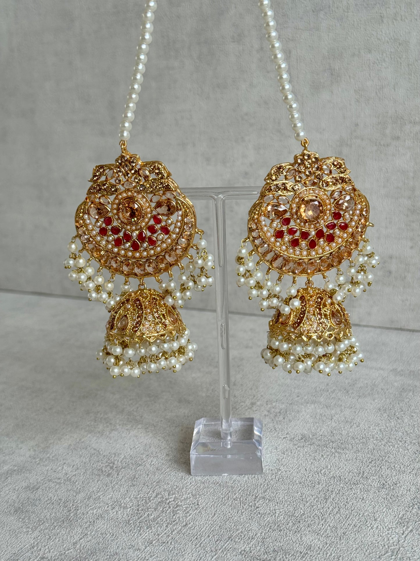 Ayura Designs Zarnigar Tikka Set with Sahare Jhumkis – Champagne & Ruby Stones with Pearl Detailing