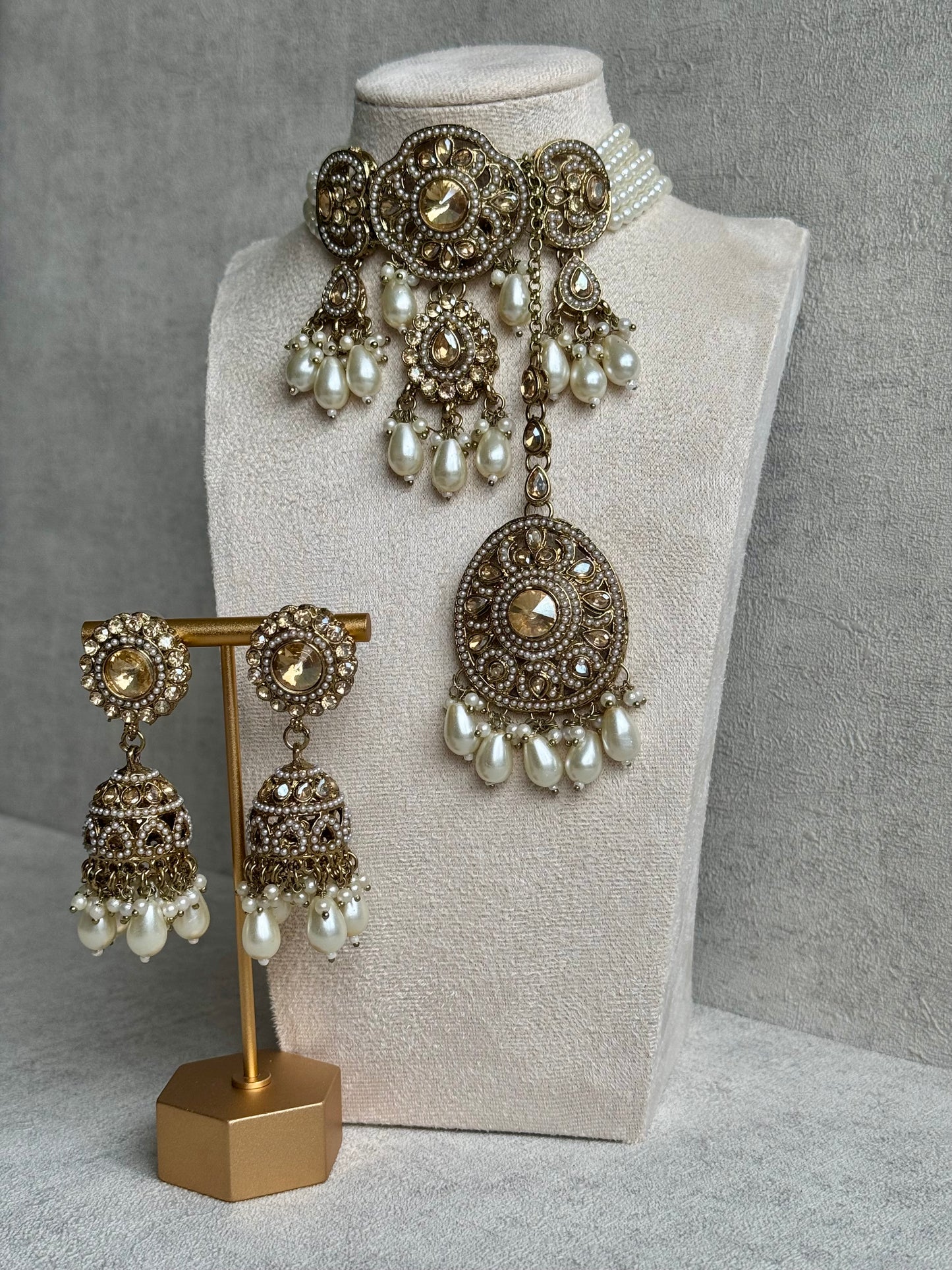 Ayura Designs Azhar Choker Set with Jhumkis & Tikka – Champagne Gold, White Pearls, Polki with Champagne Stones