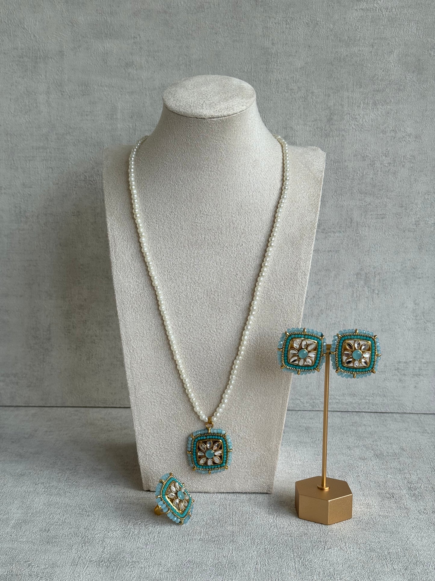 Ayura Designs Roma Pendant Set with Studs & Ring – Aqua Blue Beads, Mirror-Cut Polki & Pearl Detailing