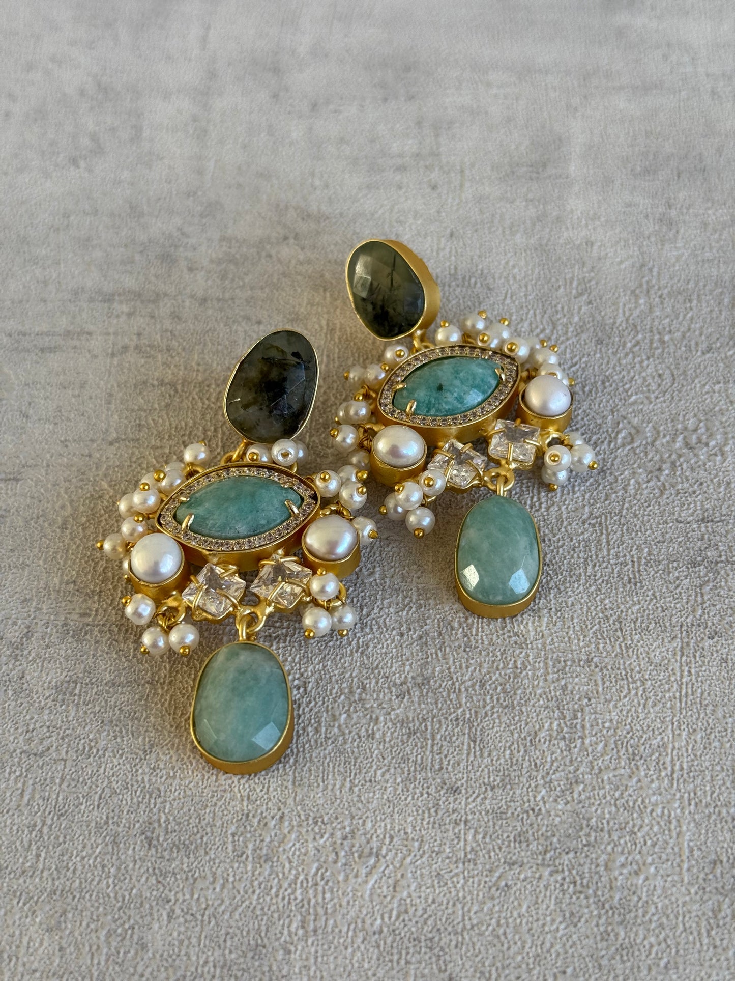 Ayura Designs Aurelia Earrings – Amazonite, Dark Quartz, Pearls & Crystals