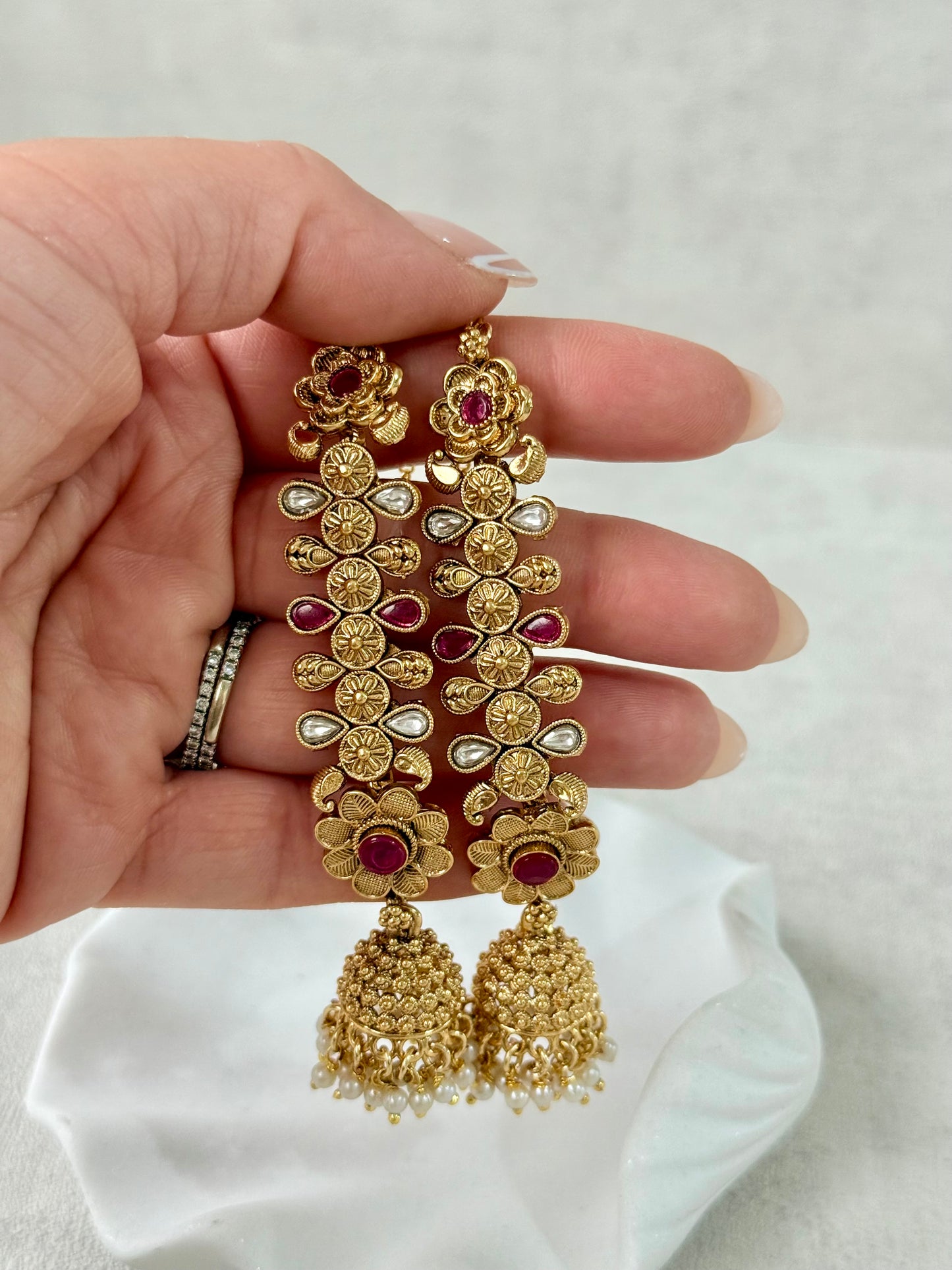 Ayura Designs Keerti Jhumkis – Antique Gold Kannauti Earrings with Ruby Pink Stones, Mirror-Cut Detailing & Pearl Drops