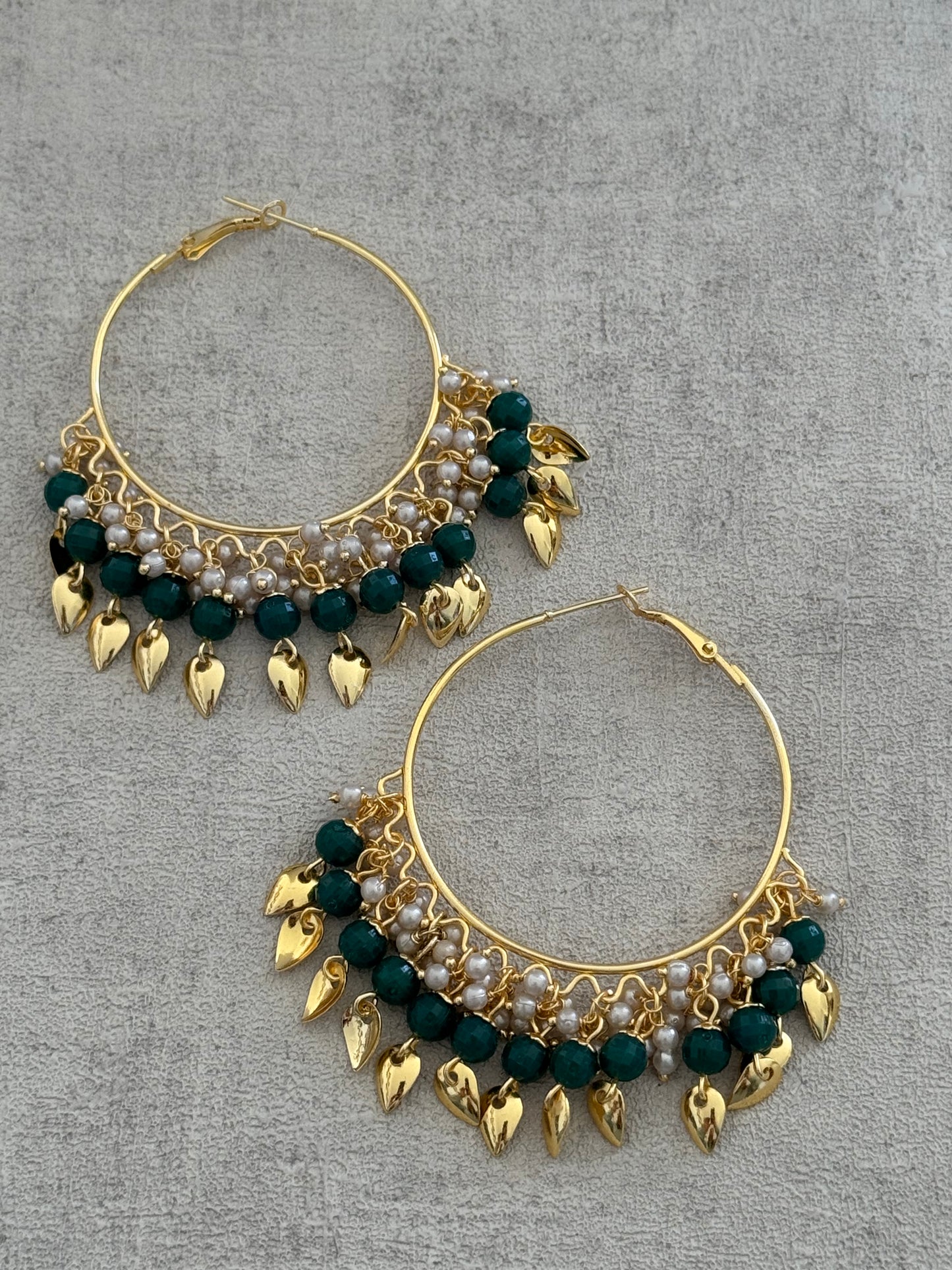 Ayura Designs Riwaaz Bali – Emerald Green Beaded Hoops with Gold Leaf Charms