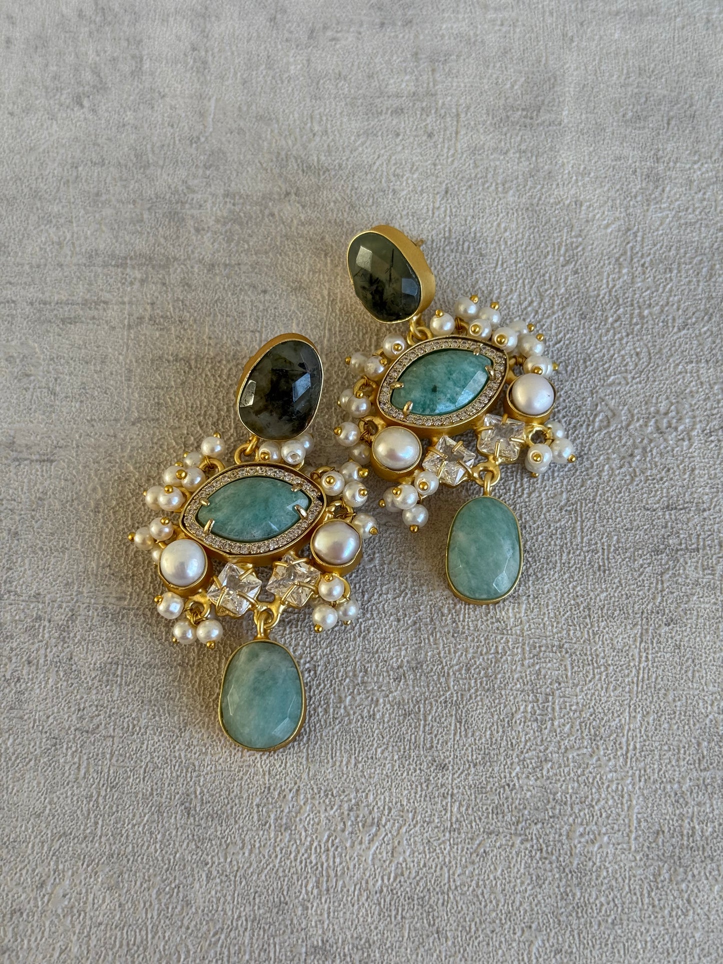 Ayura Designs Aurelia Earrings – Amazonite, Dark Quartz, Pearls & Crystals