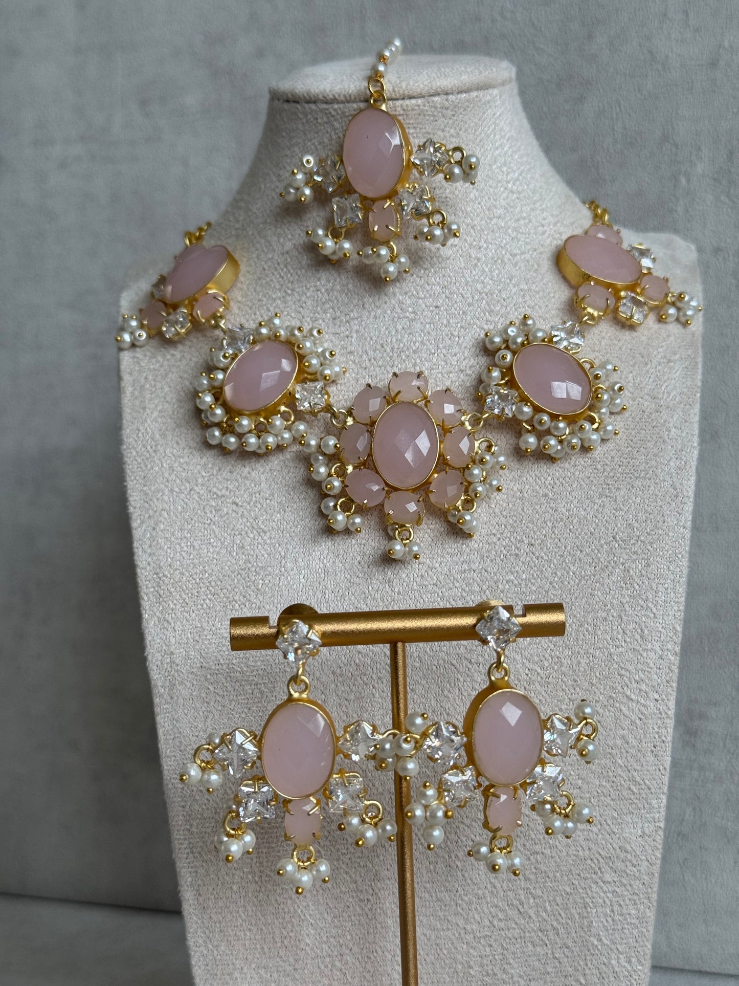 Ayura Designs Parisa Set with Tikka & Earrings – Rose Quartz, Crystals & Pearls