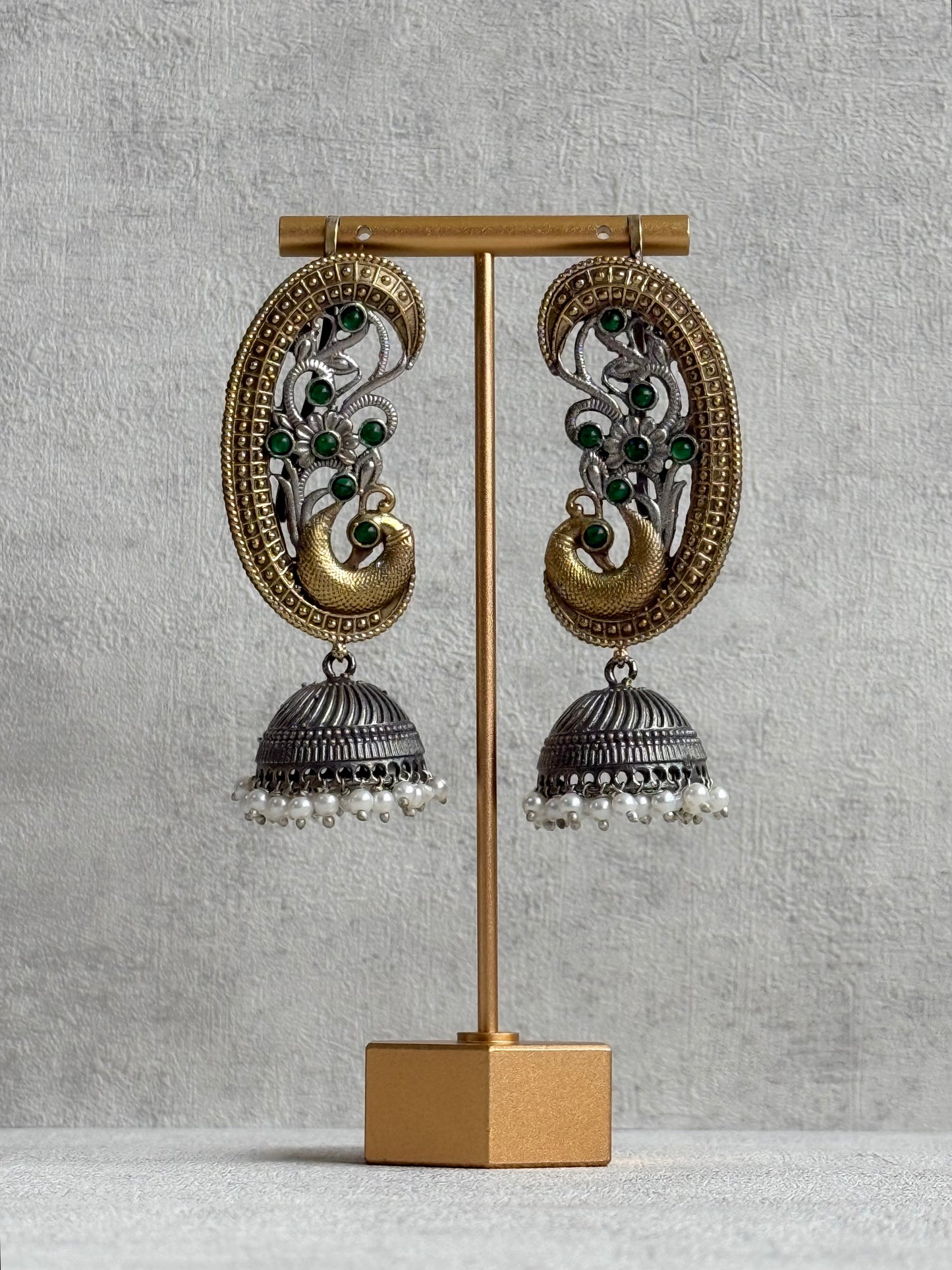 Ayura Designs Fasana Earrings – Dual Tone Oxidised Peacock Ear Climbers with Emerald Green Stones & Pearl Drops