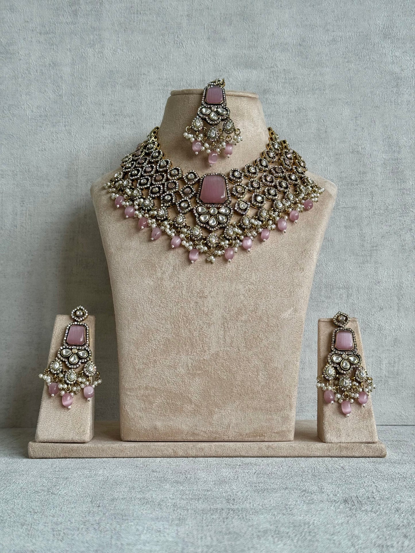 Ayura Designs Gulrukh Bridal Set with Necklace, Jhumkis & Tikka – Jadau Kundan Craftsmanship with Mirror-Cut Polki, Blush Rose Stones & Antique Gold Finish