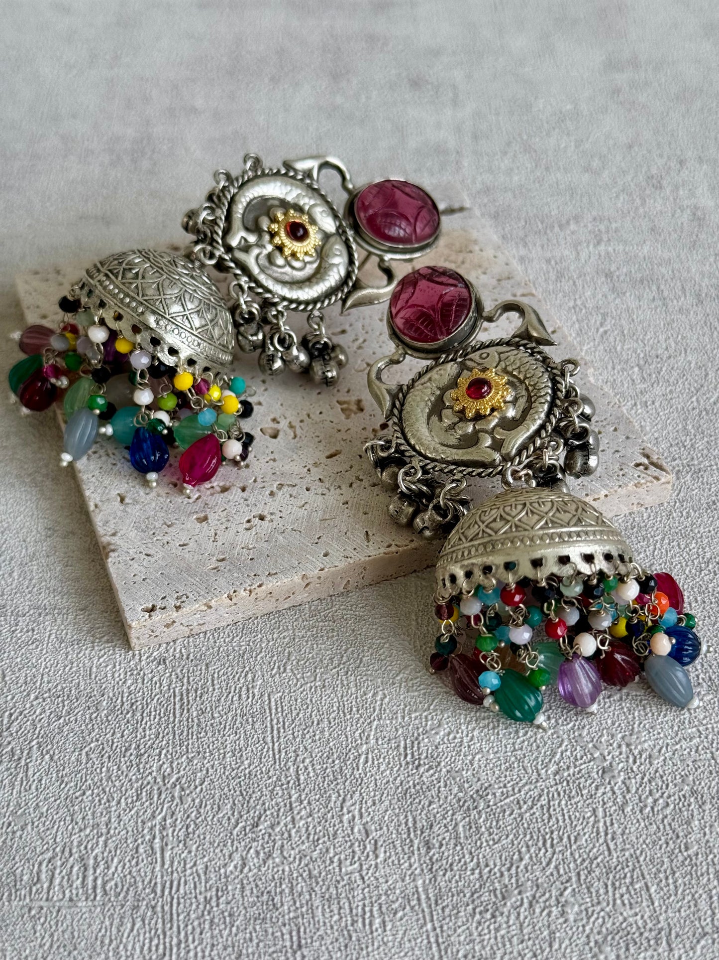 Ayura Designs Meera Earrings – Antique Silver with Multicolour Beads & Carved Glass Stone