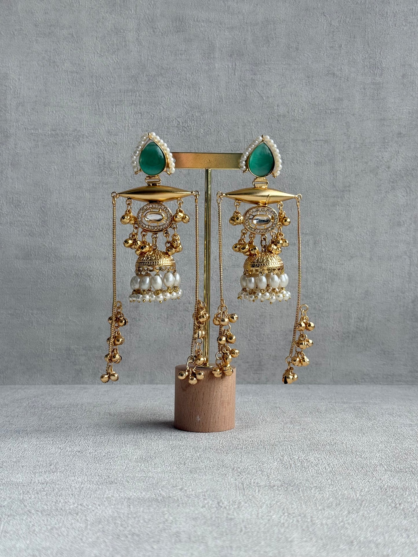 Ayura Designs Hoorza Earrings – Kashmiri Earrings with Mint Green Stones, Pearl Detailing & Ghungroo Chains
