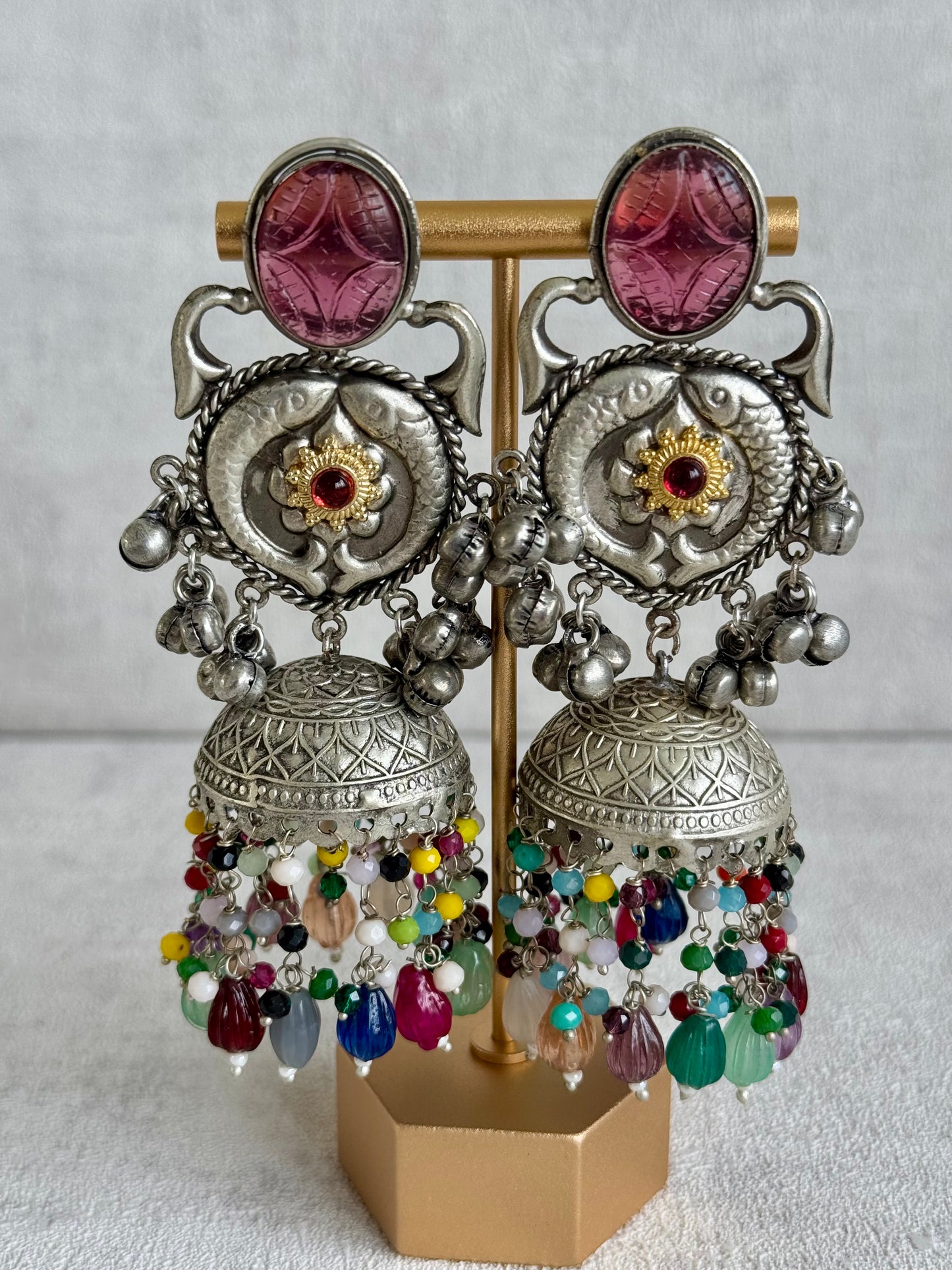 Ayura Designs Meera Earrings – Antique Silver with Multicolour Beads & Carved Glass Stone