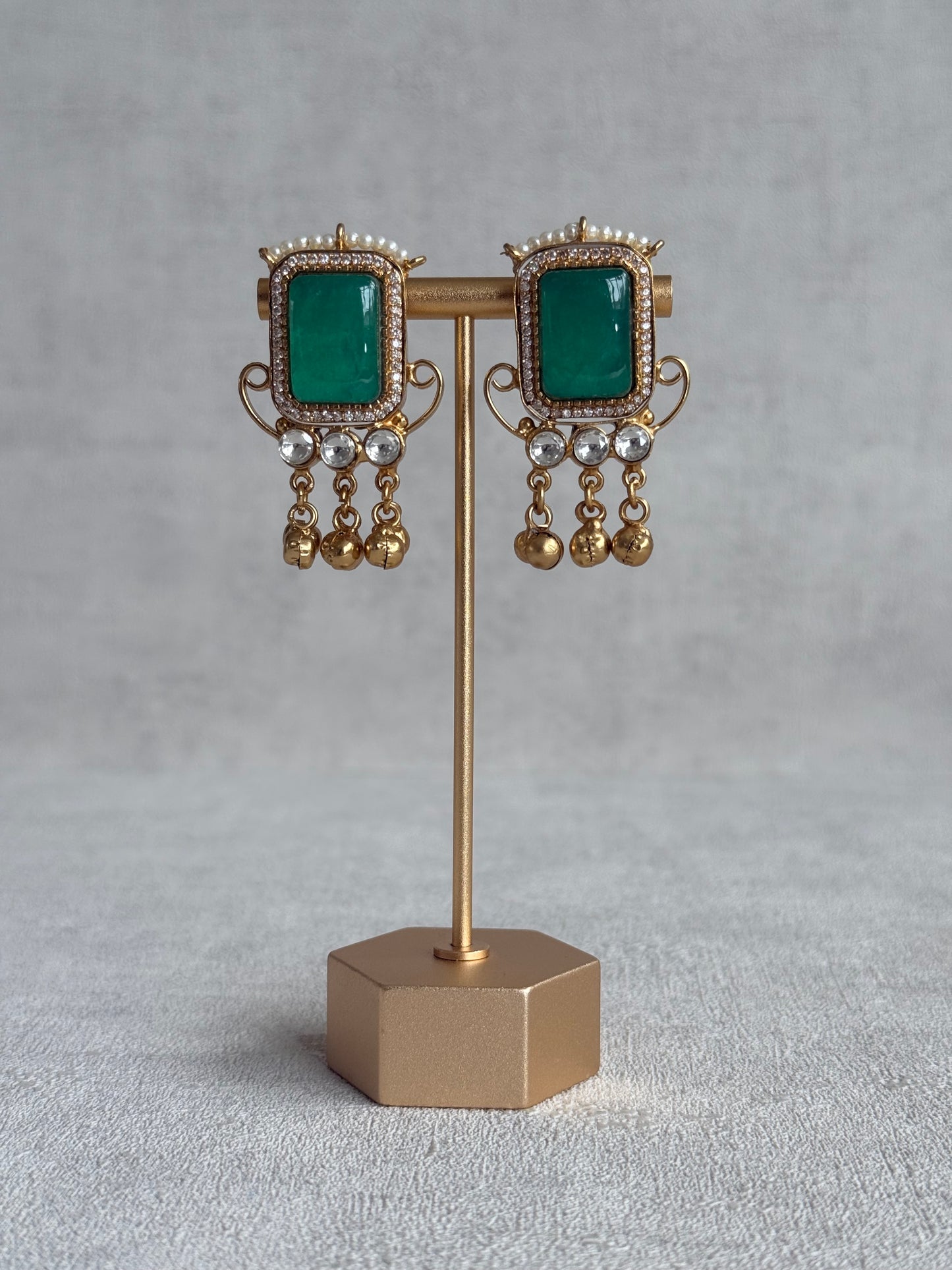Ayura Designs Aleena Earrings – Emerald Green Stone Stud Earrings with Pearls & Ghungroo Detailing