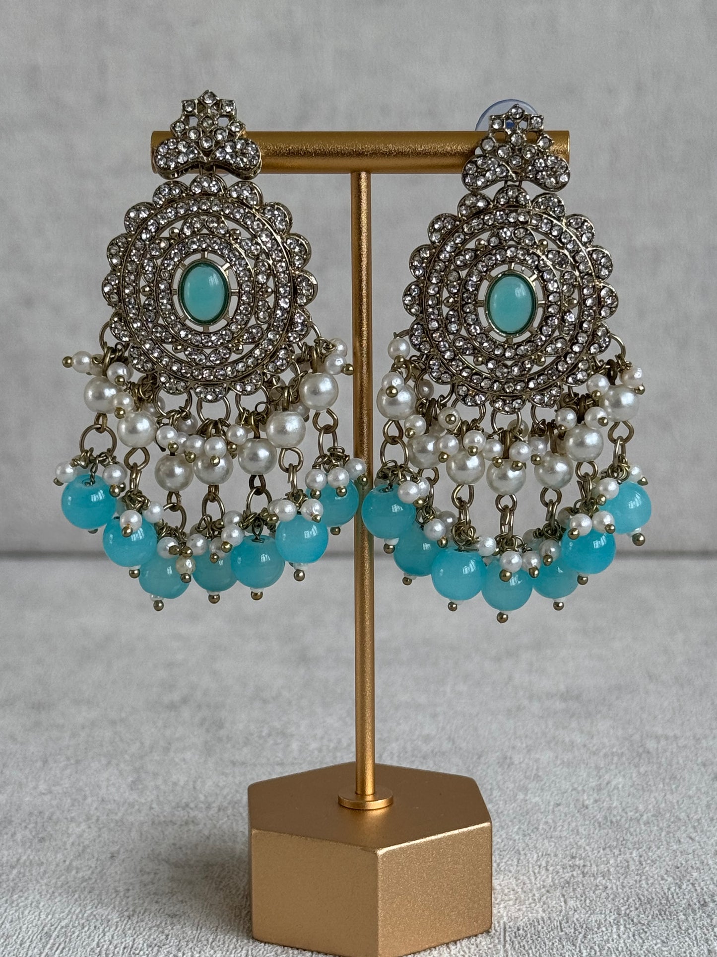 Ayura Designs Zoraiz Choker Set with Earrings & Tikka – Aqua Blue Beads, Pearls & Antique Silver Finish