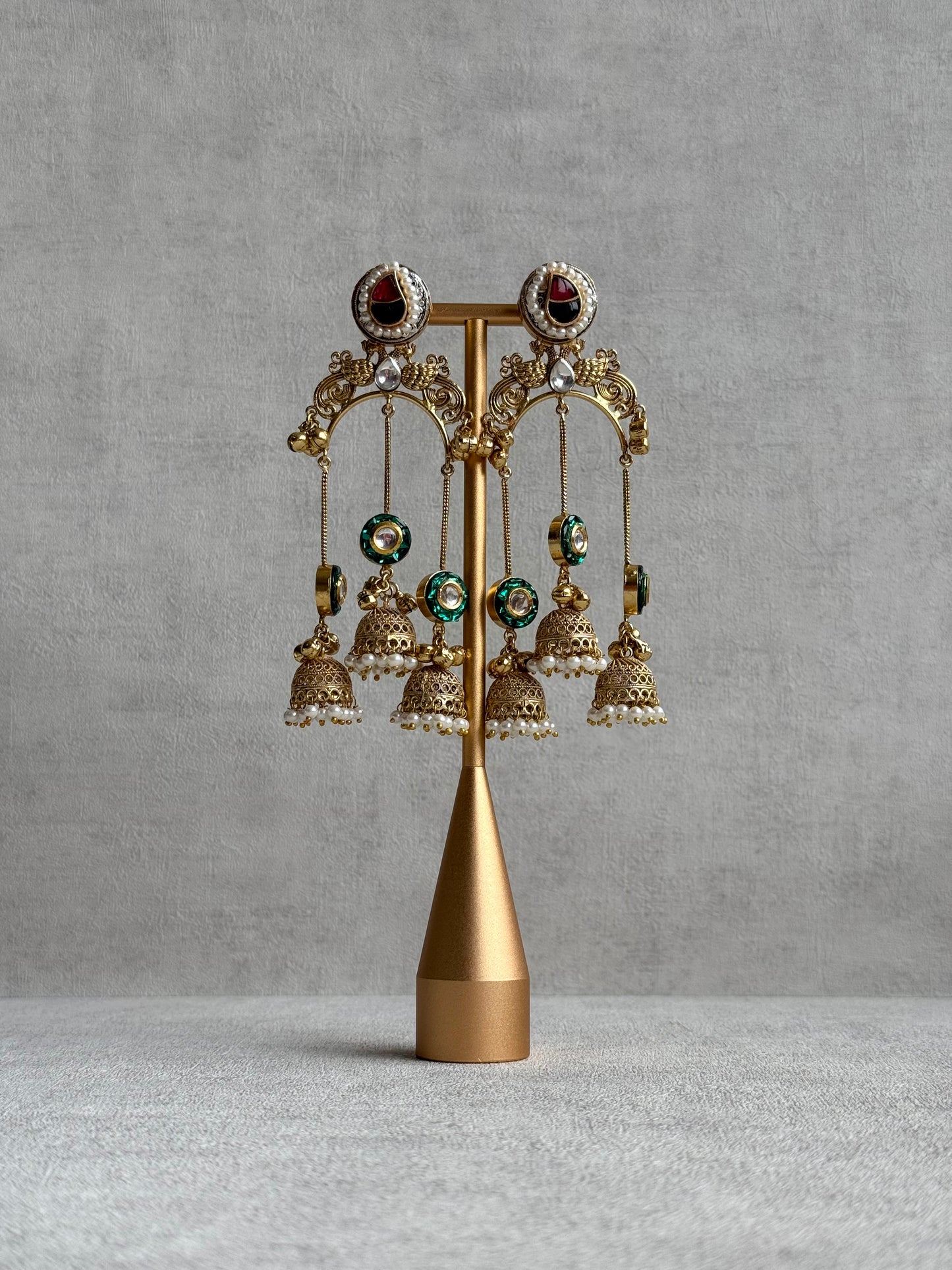 Ayura Designs Arzina Earrings – Triple Jhumki Earrings with Emerald Green Stones, Pearl Borders & Gold Detailing