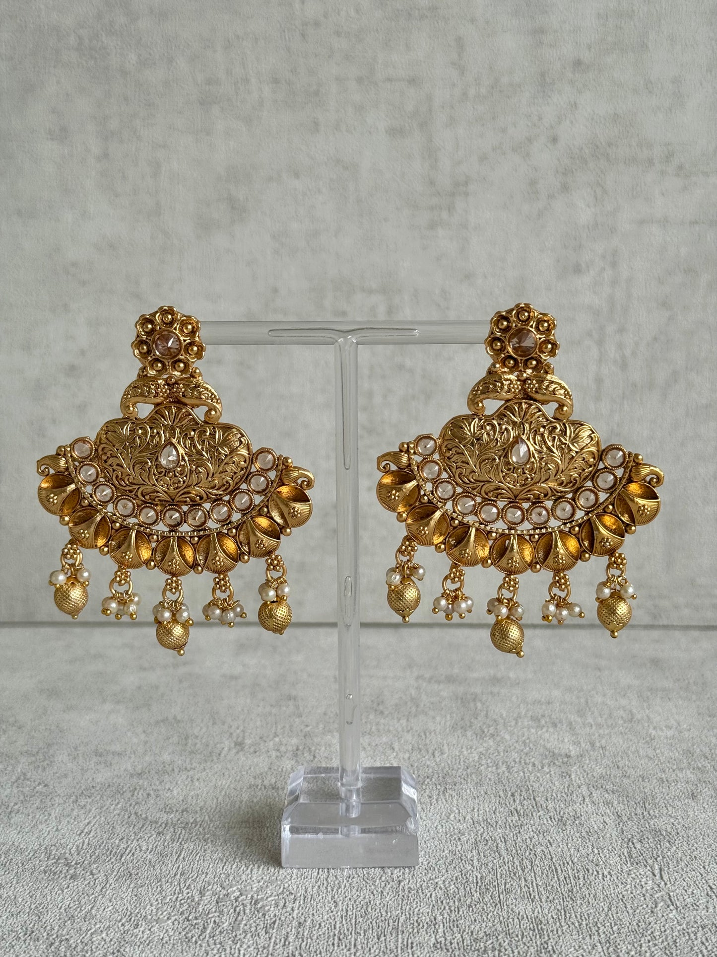 Ayura Designs Neera Earrings in Antique Gold with Mirror-Cut Polki & Pearls