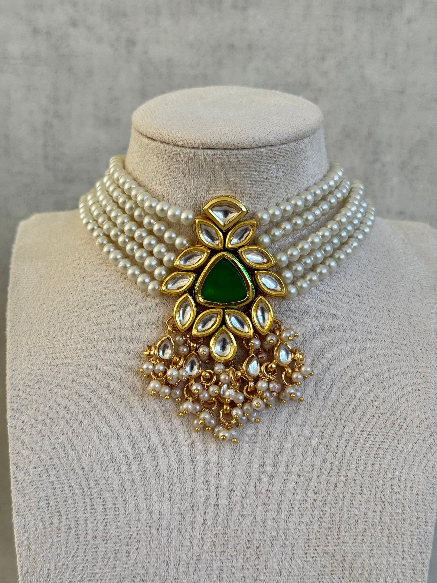 Ayura Designs Elina Set – Pearl Choker & Earrings with Green Stone Centerpiece and Kundan Detailing