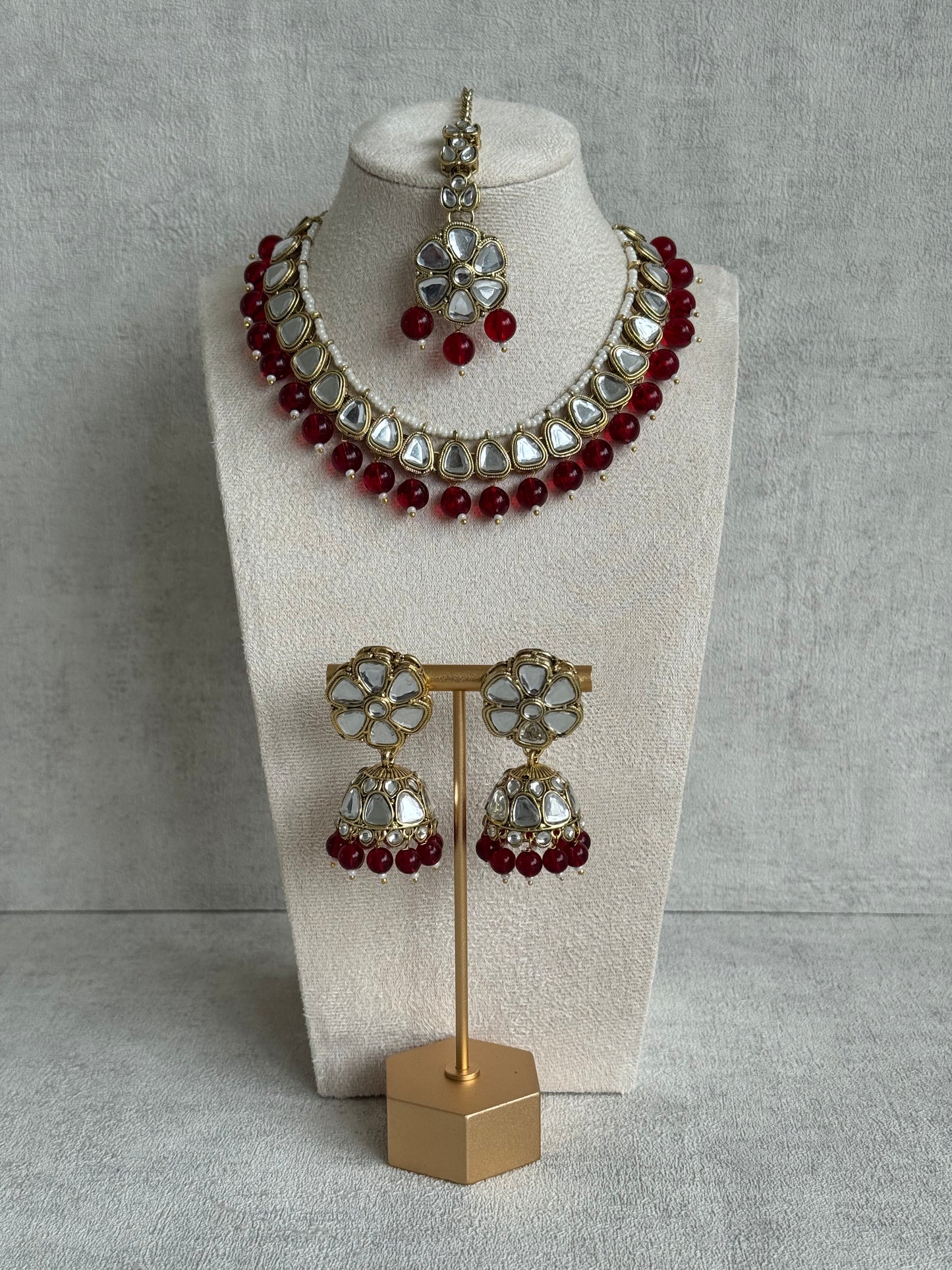 Ayura Designs Mishal Set with Jhumkis & Tikka – Ruby Red Beads & Mirror-Cut Stones
