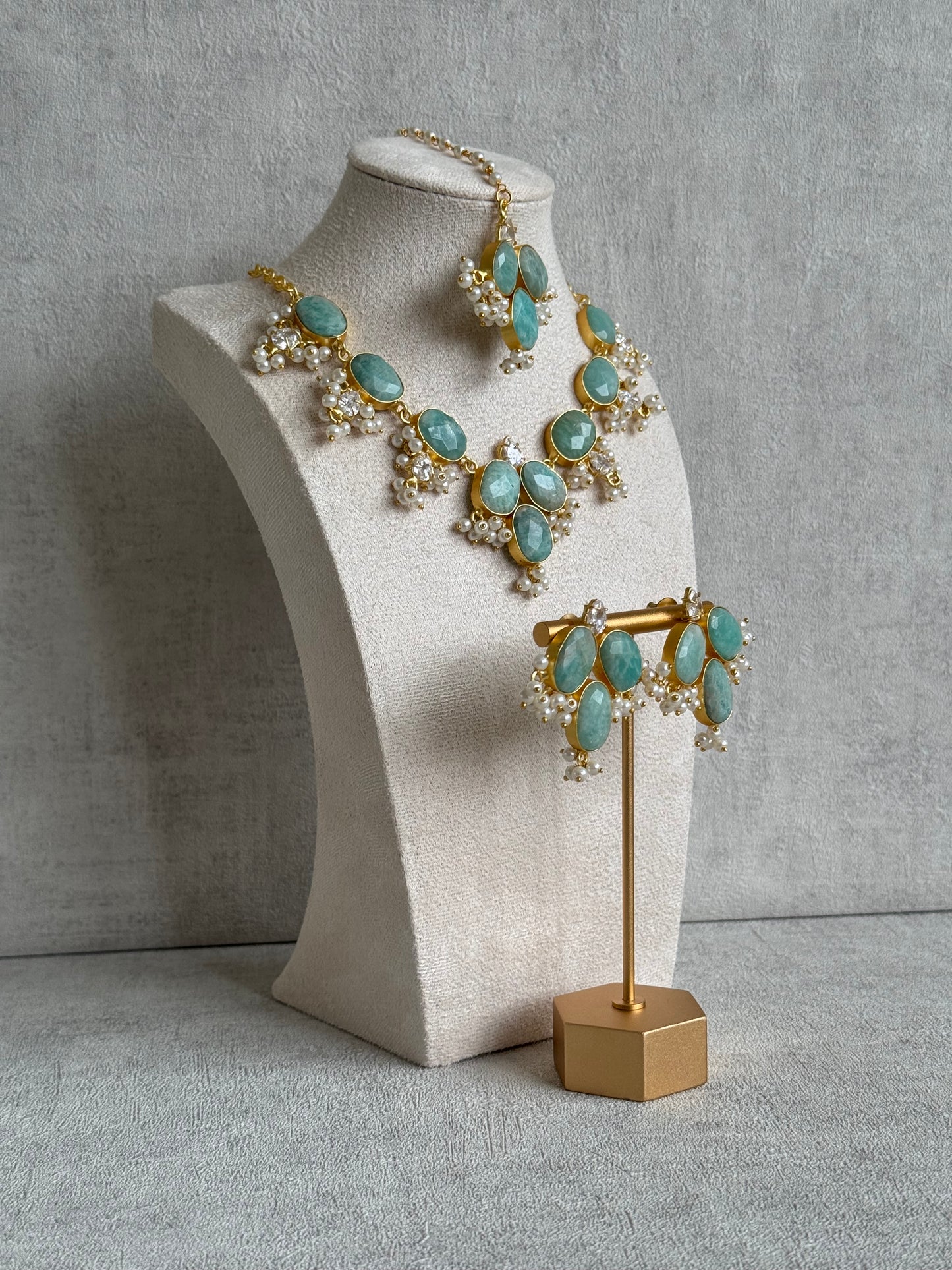 Ayura Designs Anahita Set with Tikka & Earrings – Amazonite, Crystals & Pearls
