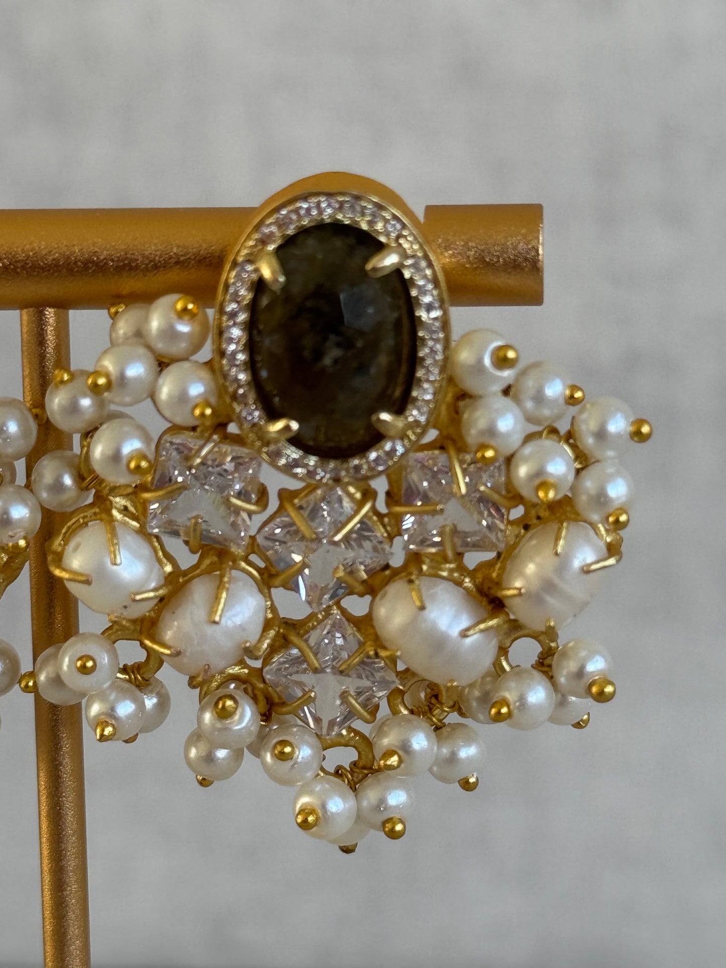 Ayura Designs Celeste Earrings – Dark Quartz, Baroque Pearls & Crystals