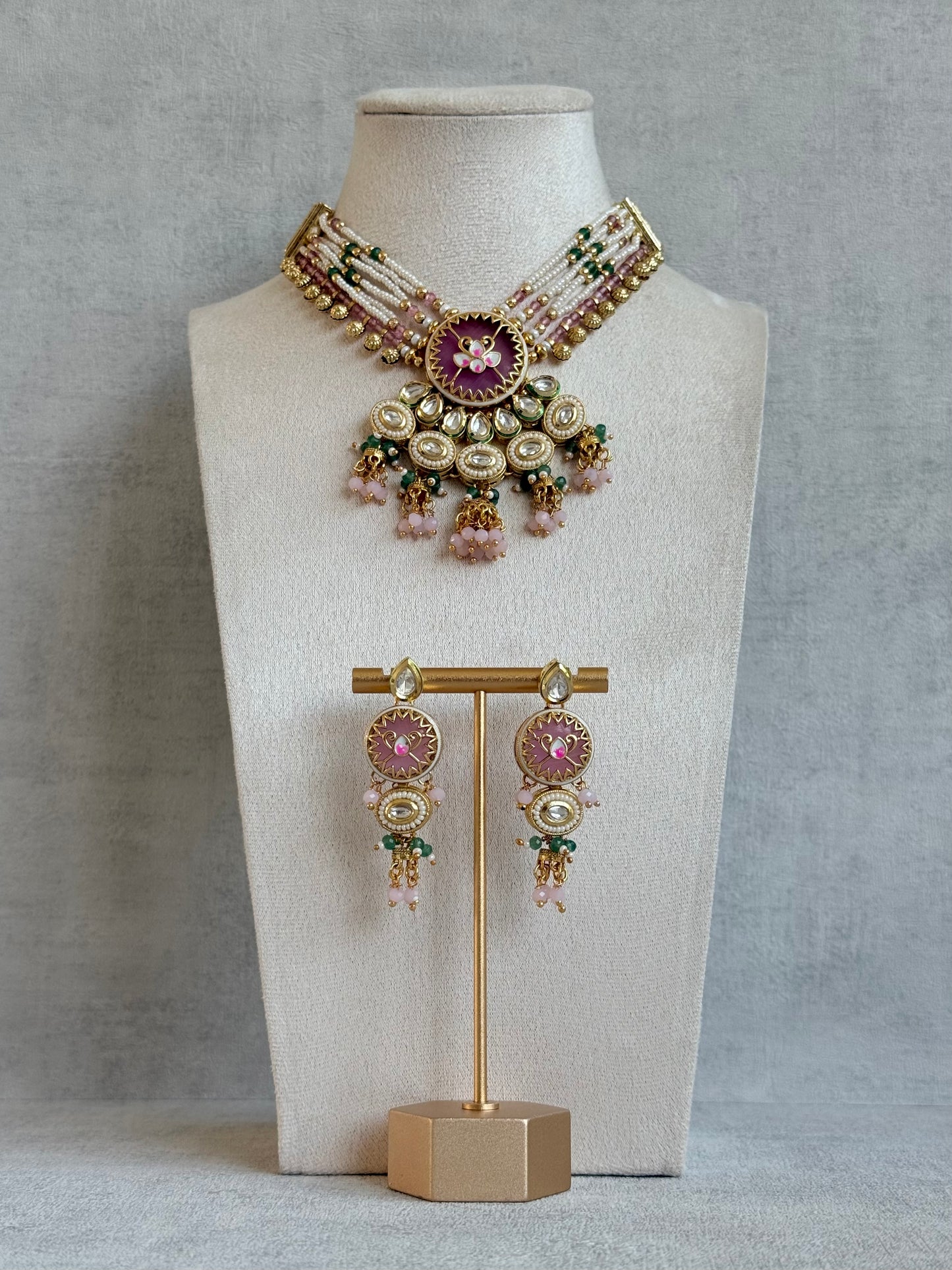 Ayura Designs Hasika Necklace Set with Earrings – Rose Pink, Emerald Green, Kundan & Pearl Detailing